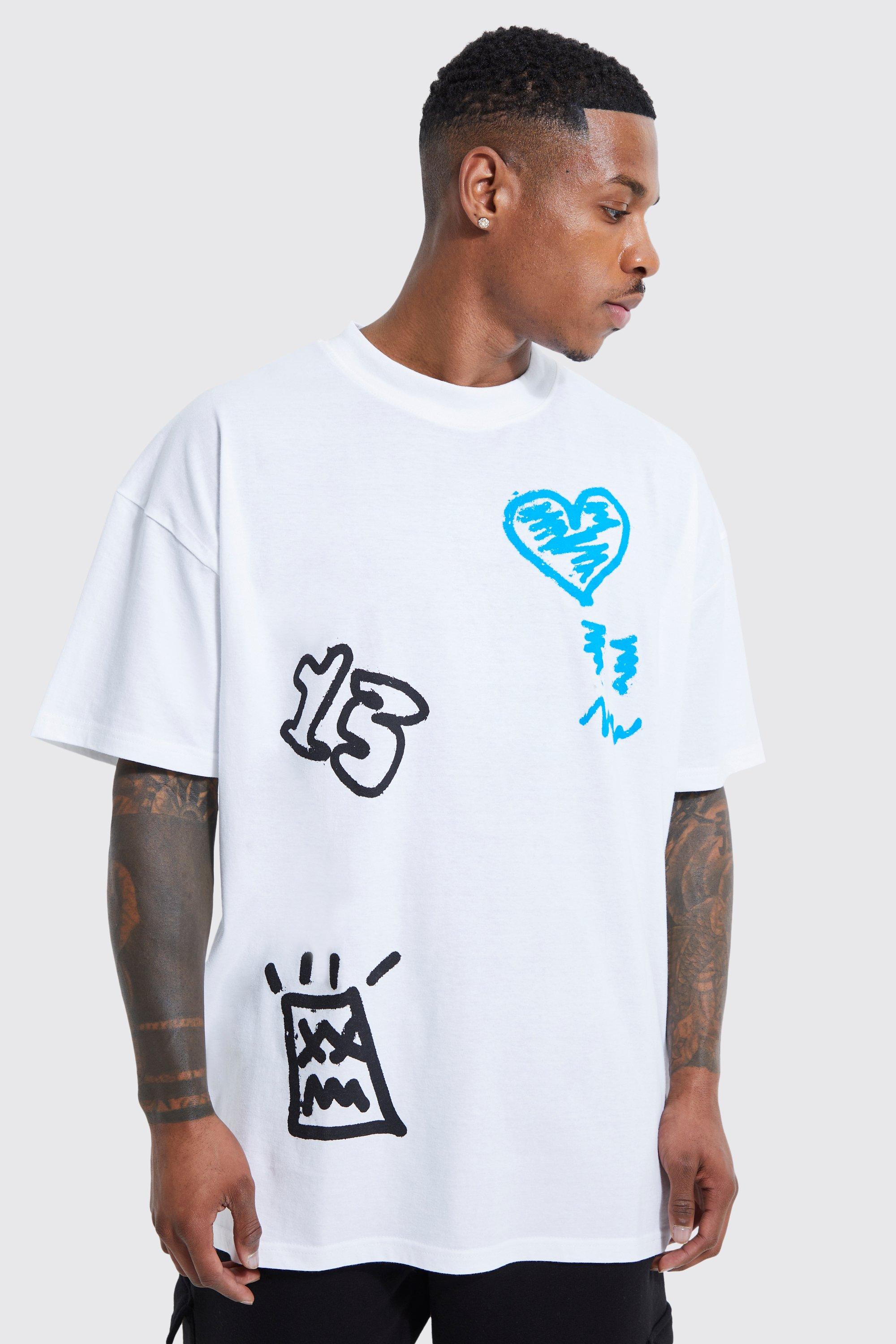 Image of T-shirt oversize stile Graffiti con girocollo esteso, Cream