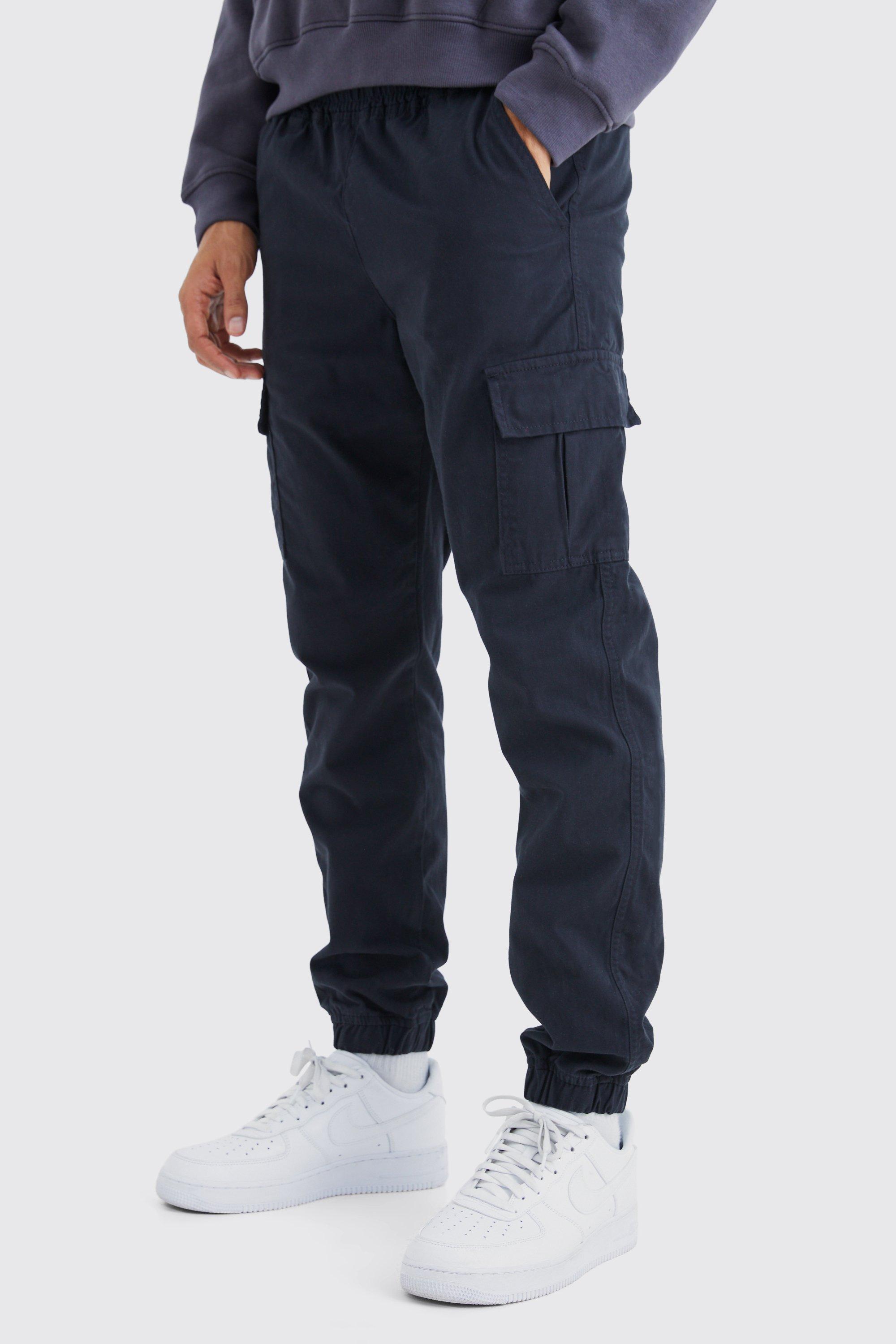Image of Pantaloni Cargo Slim Fit con vita elasticizzata, Nero