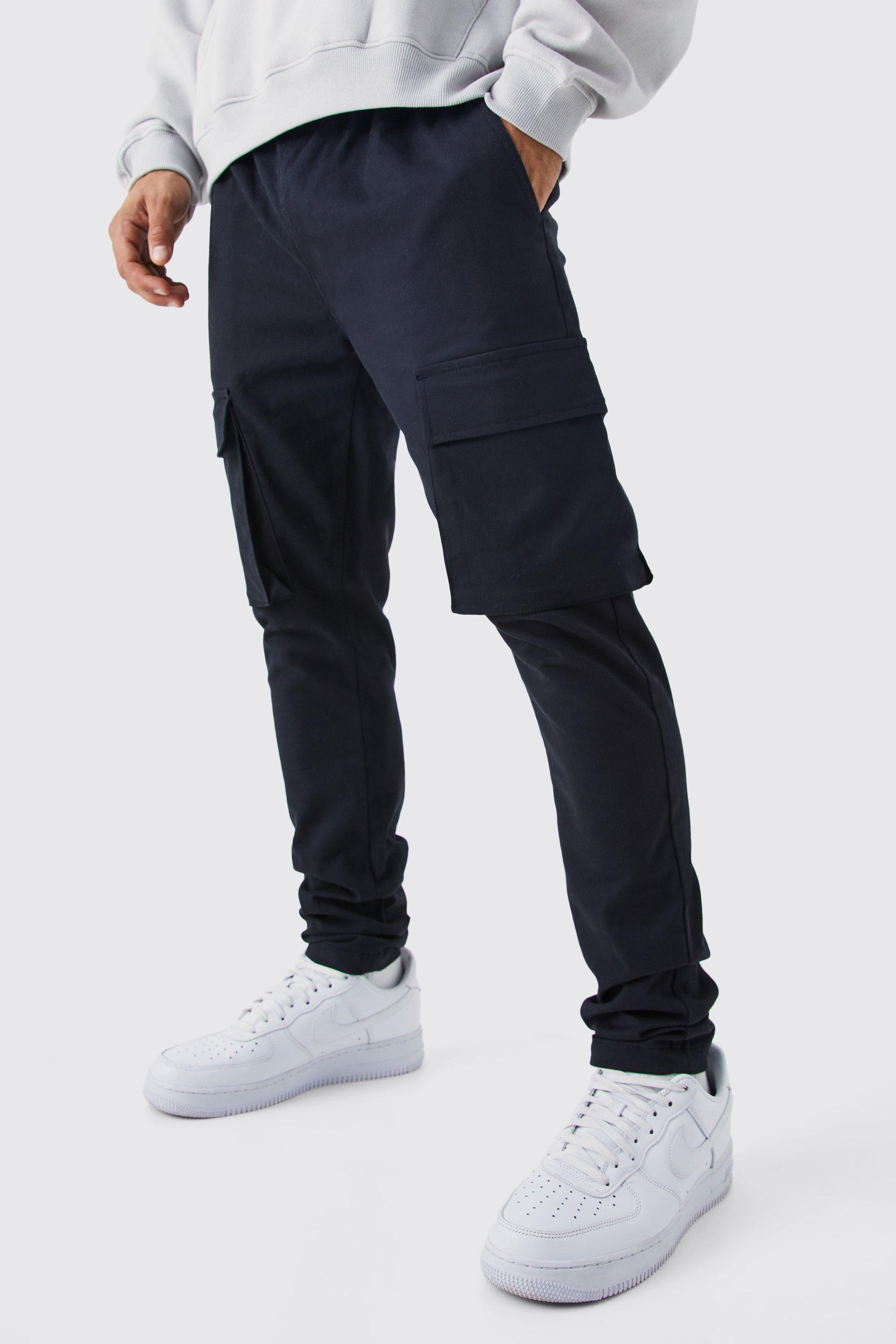 Image of Pantaloni Cargo Skinny Fit con vita elasticizzata, Nero
