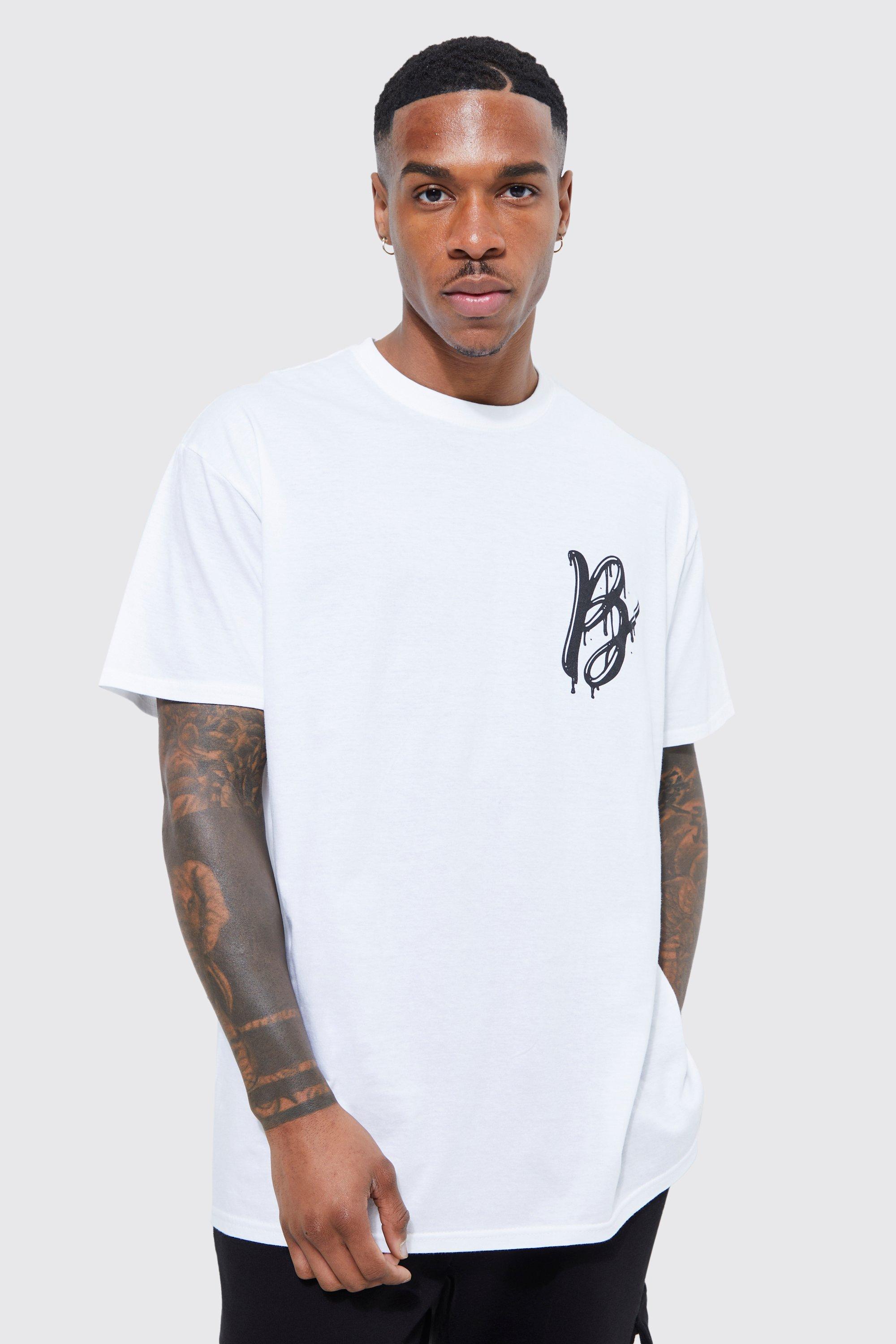 Mens White Oversized Drip B Print T-shirt, White
