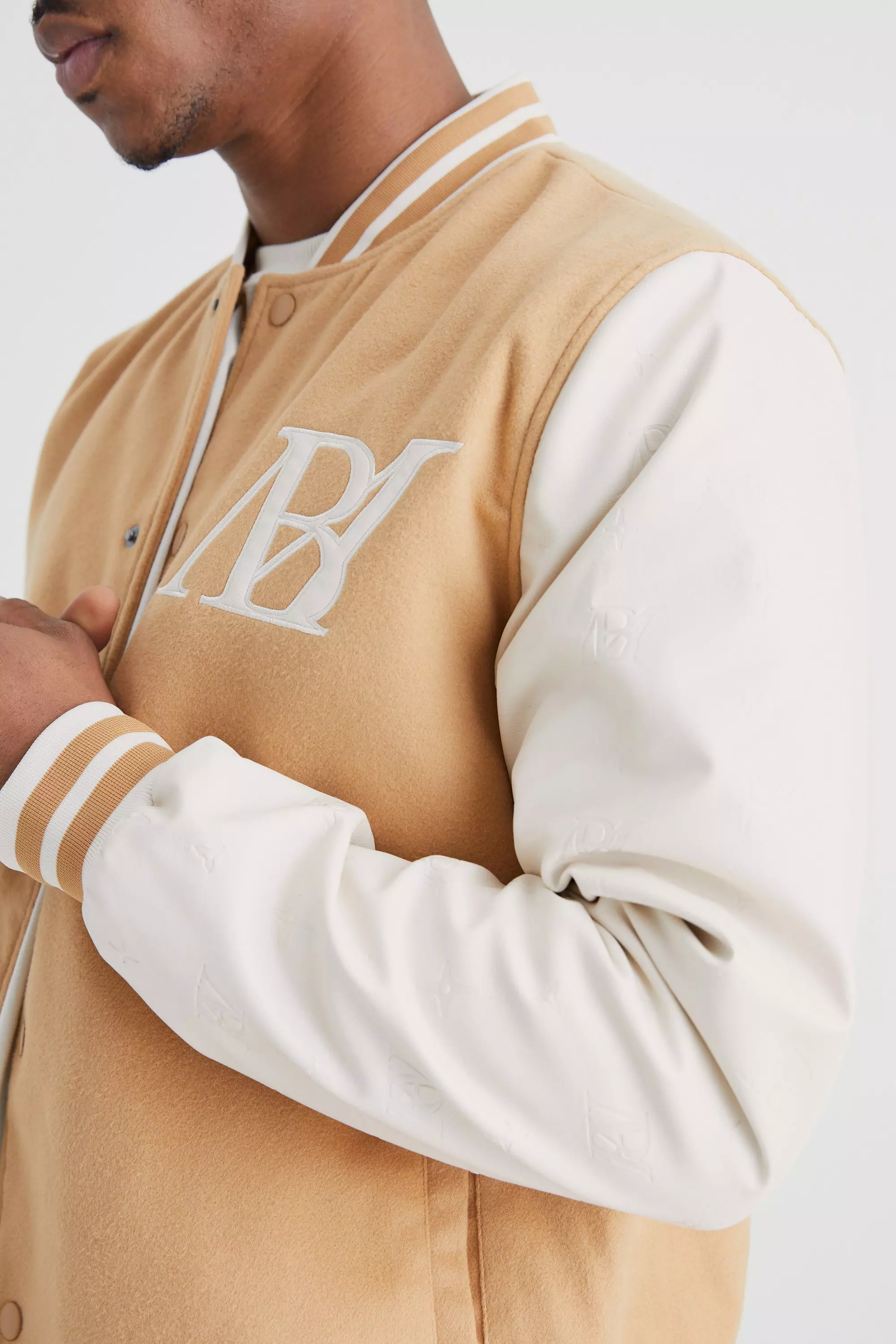 Melton Varsity Jacket With Embossed Pu Sleeves | boohooMAN USA