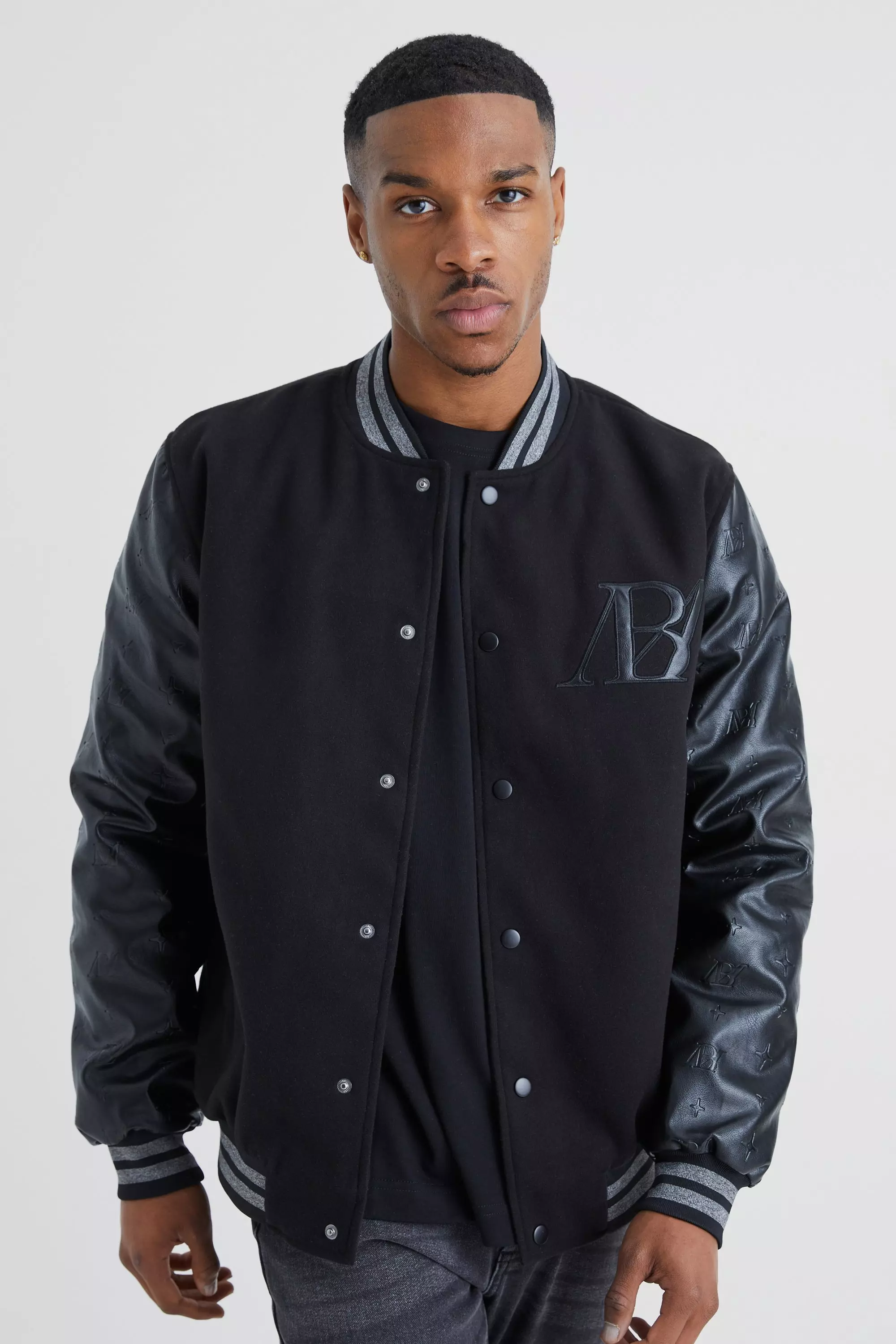 Melton Varsity Jacket With Embossed Pu Sleeves