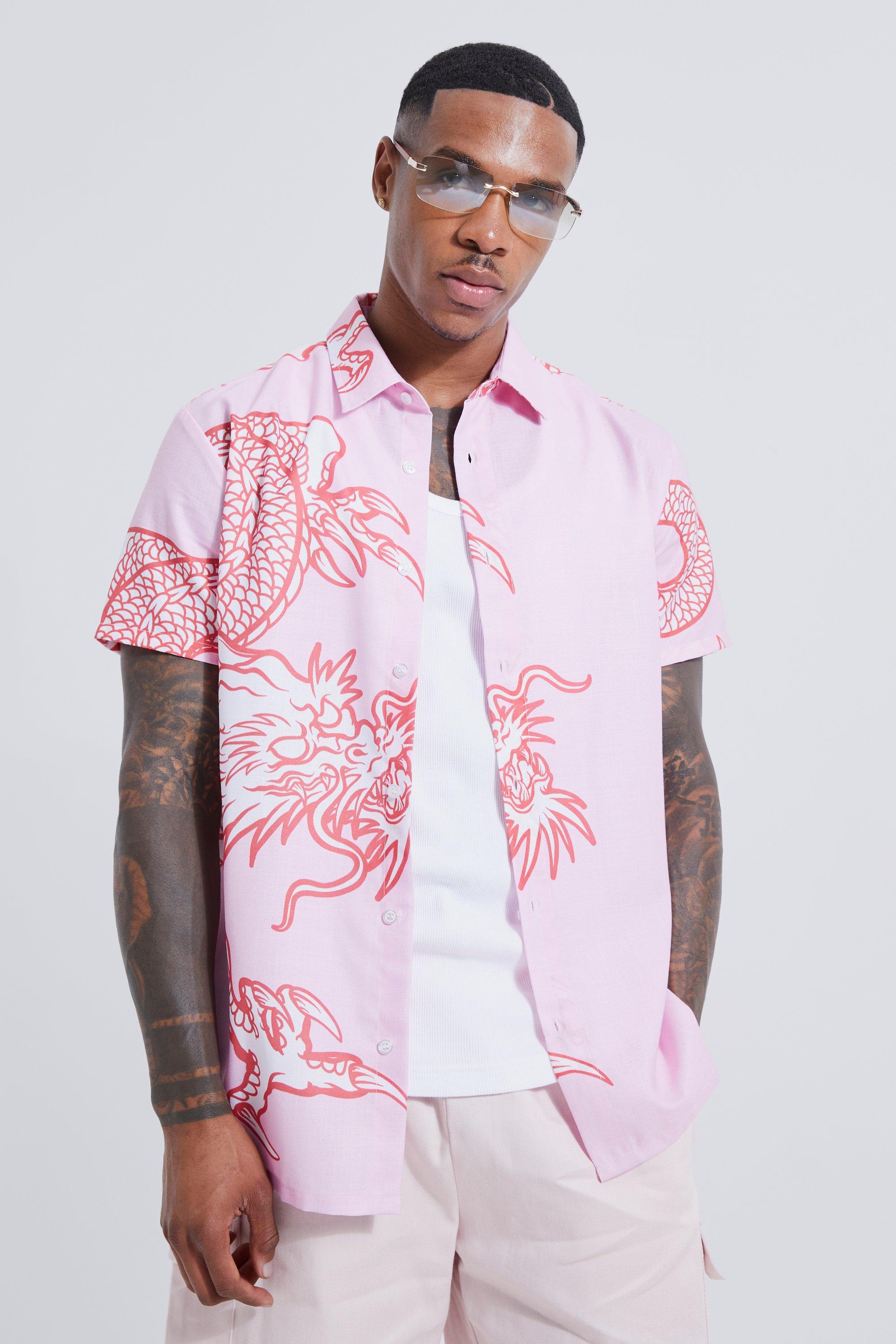 Mens Pink Short Sleeve Viscose Dragon Placement Shirt, Pink