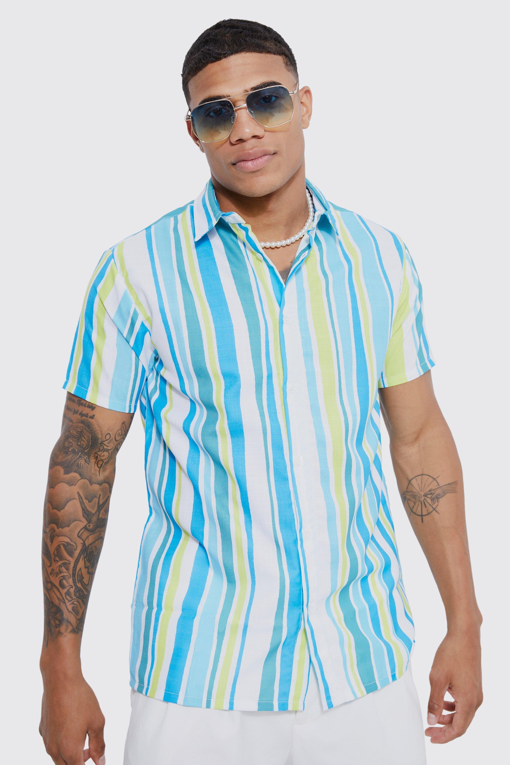 Mens Multi Short Sleeve Muscle Squiggle Stripe Shirt, Multi