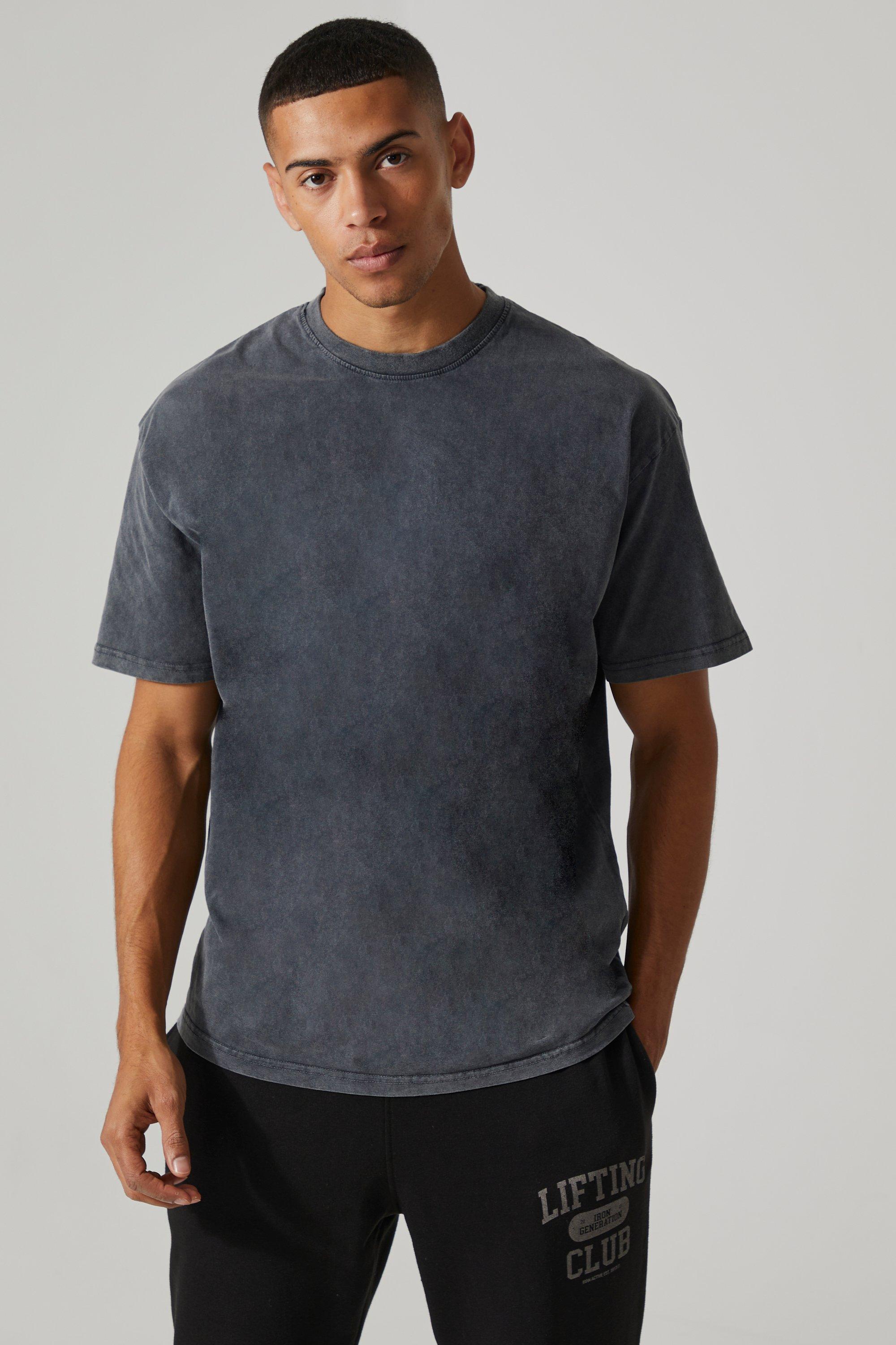 Mens Grey Man Active Oversized Acid Wash Raw T-shirt, Grey
