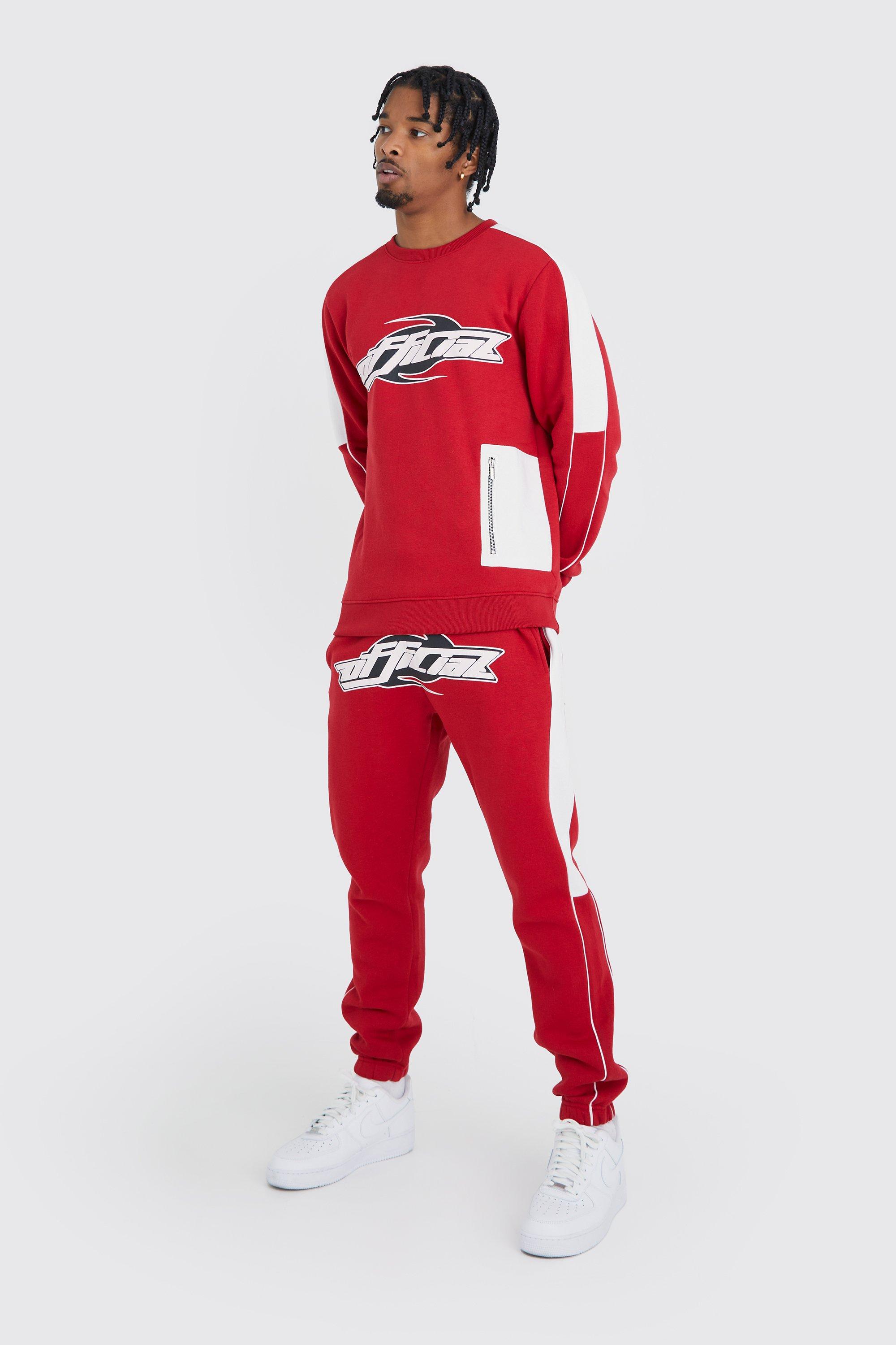 Mens Red Official Slim Colour Block Sweatshirt Tracksuit, Red