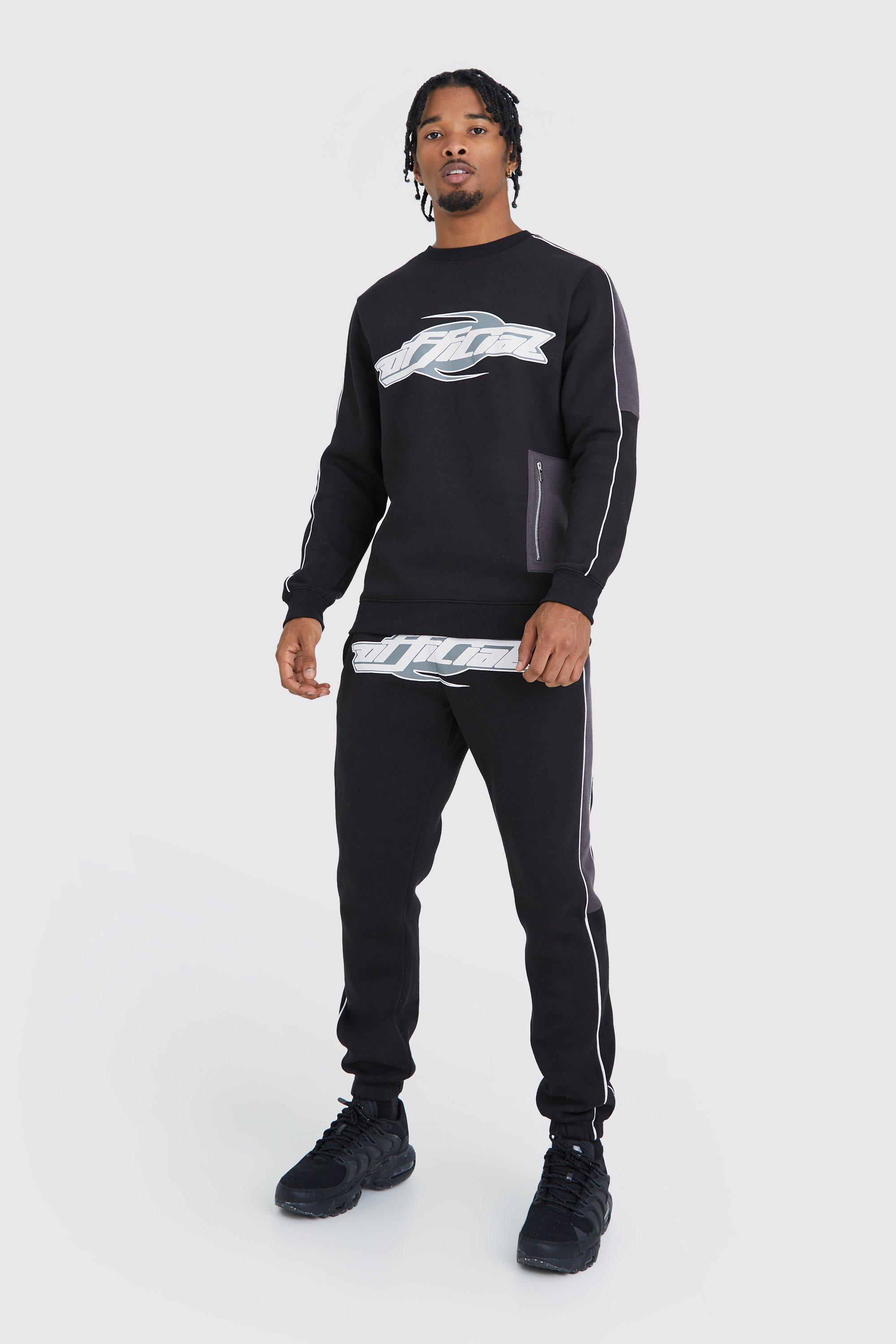 Mens Black Official Slim Colour Block Sweatshirt Tracksuit, Black