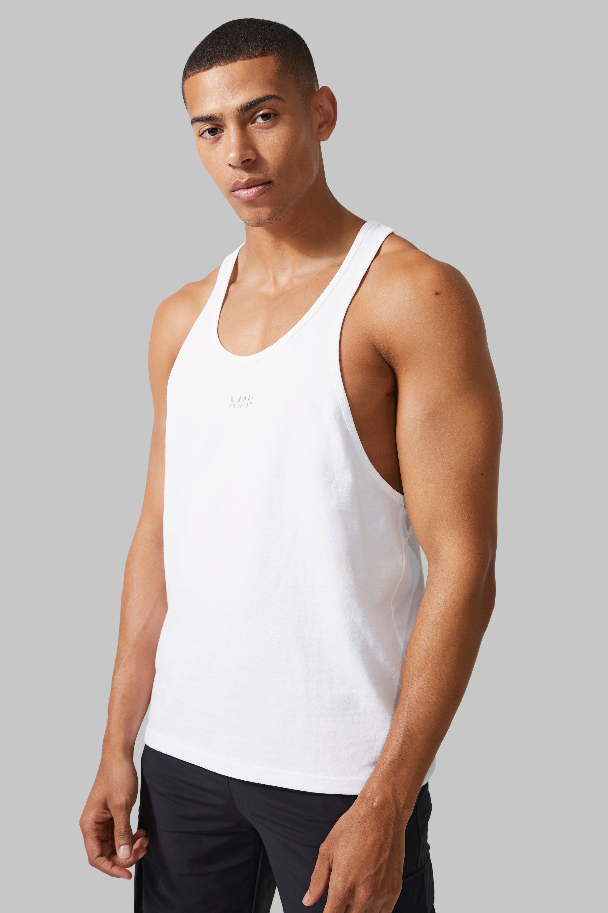 Mens White Man Active Gym Basic Stringer Vest, White