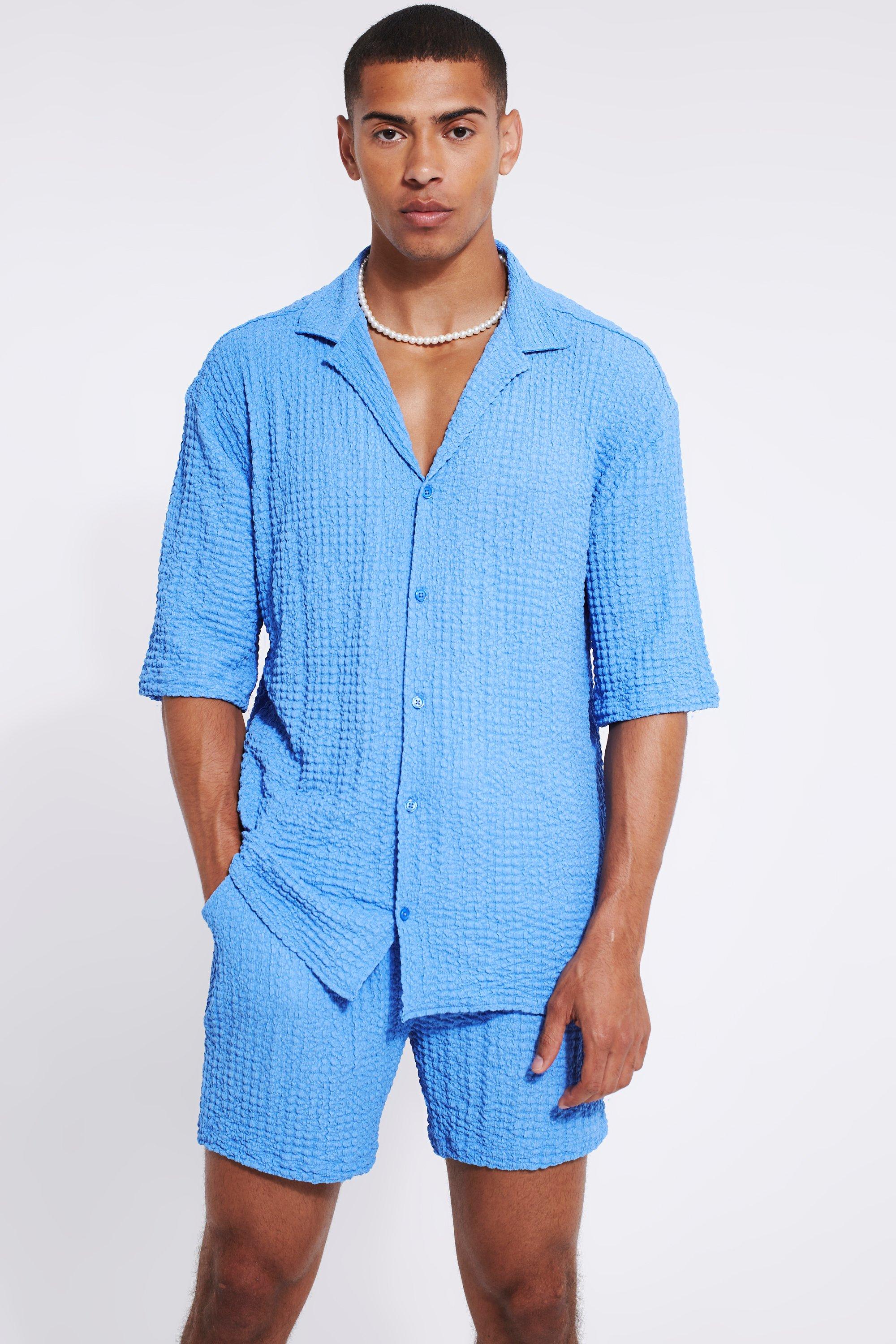 Mens Blue Short Sleeve Drop Revere Textured Shirt & Short Set, Blue