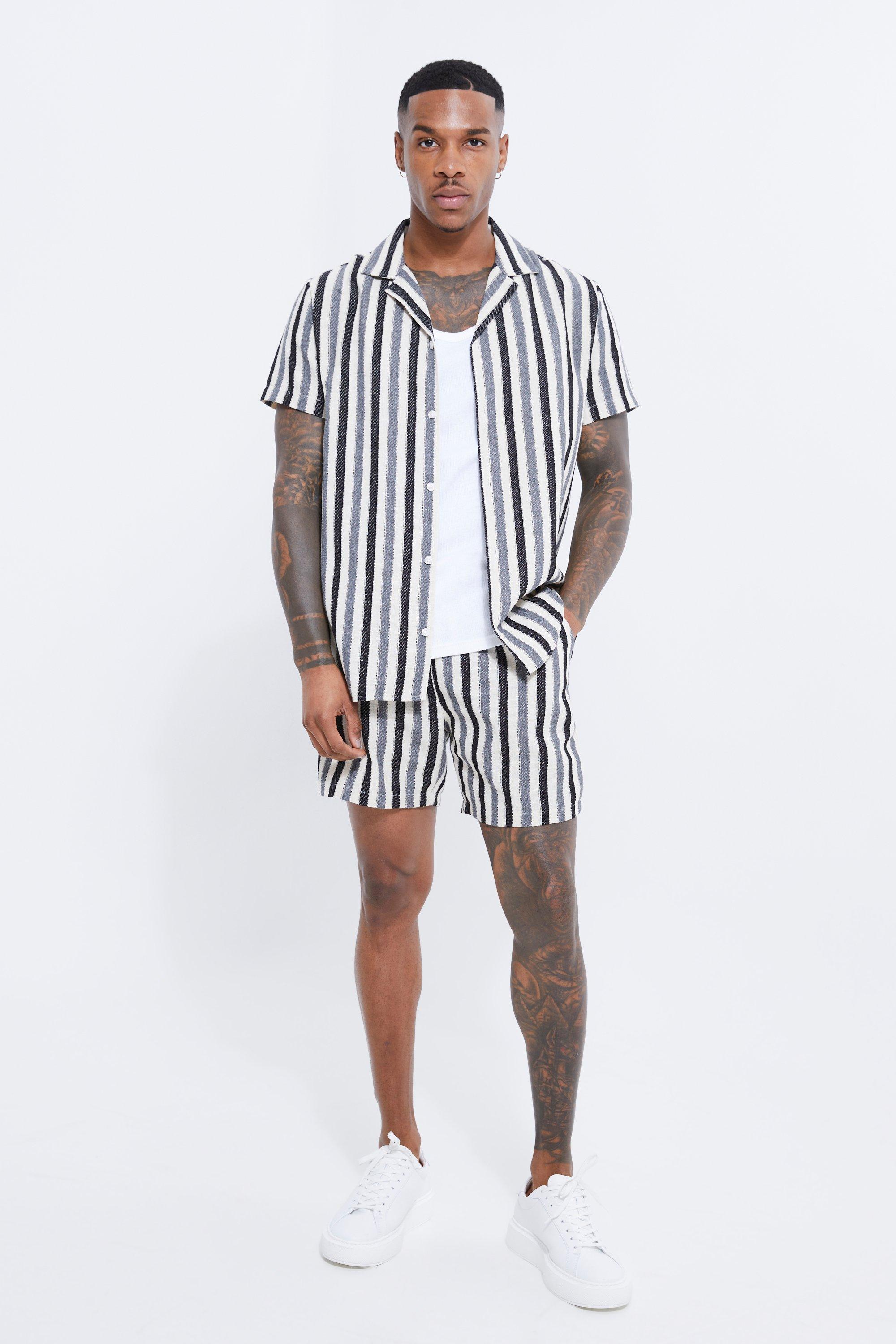 Mens Beige Short Sleeve Revere Linen Look Stripe Shirt & Short Set, Beige