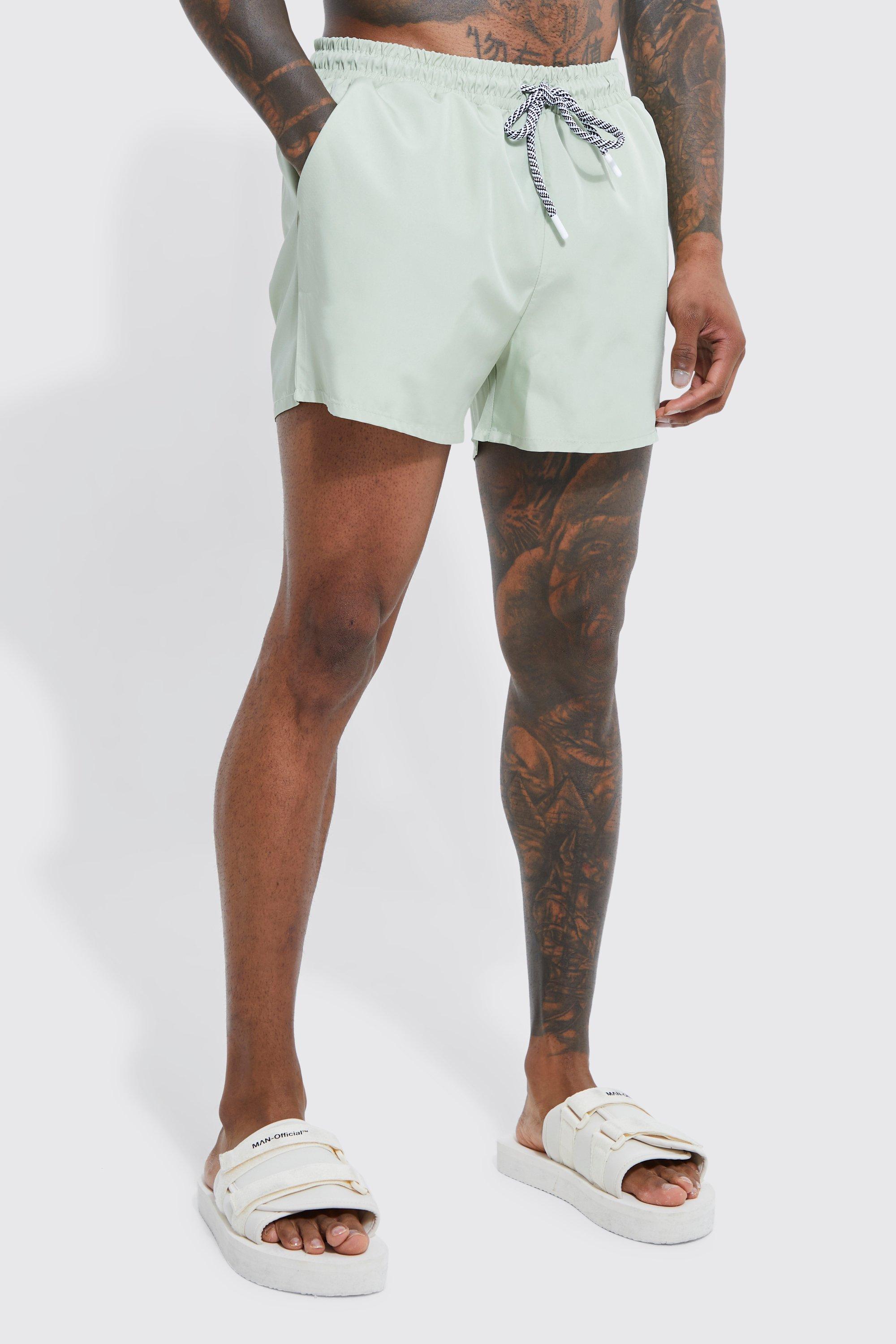 Mens Green Short Length Plain Drawcord Detail Swim Shorts, Green