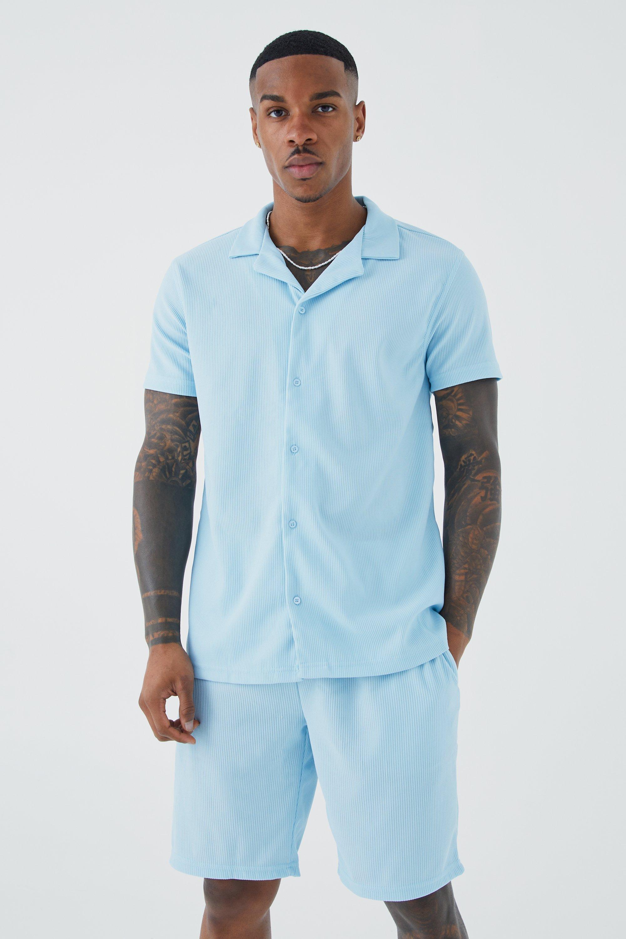 Mens Blue Double Knit Jersey Texture Short Sleeve Shirt And Short, Blue