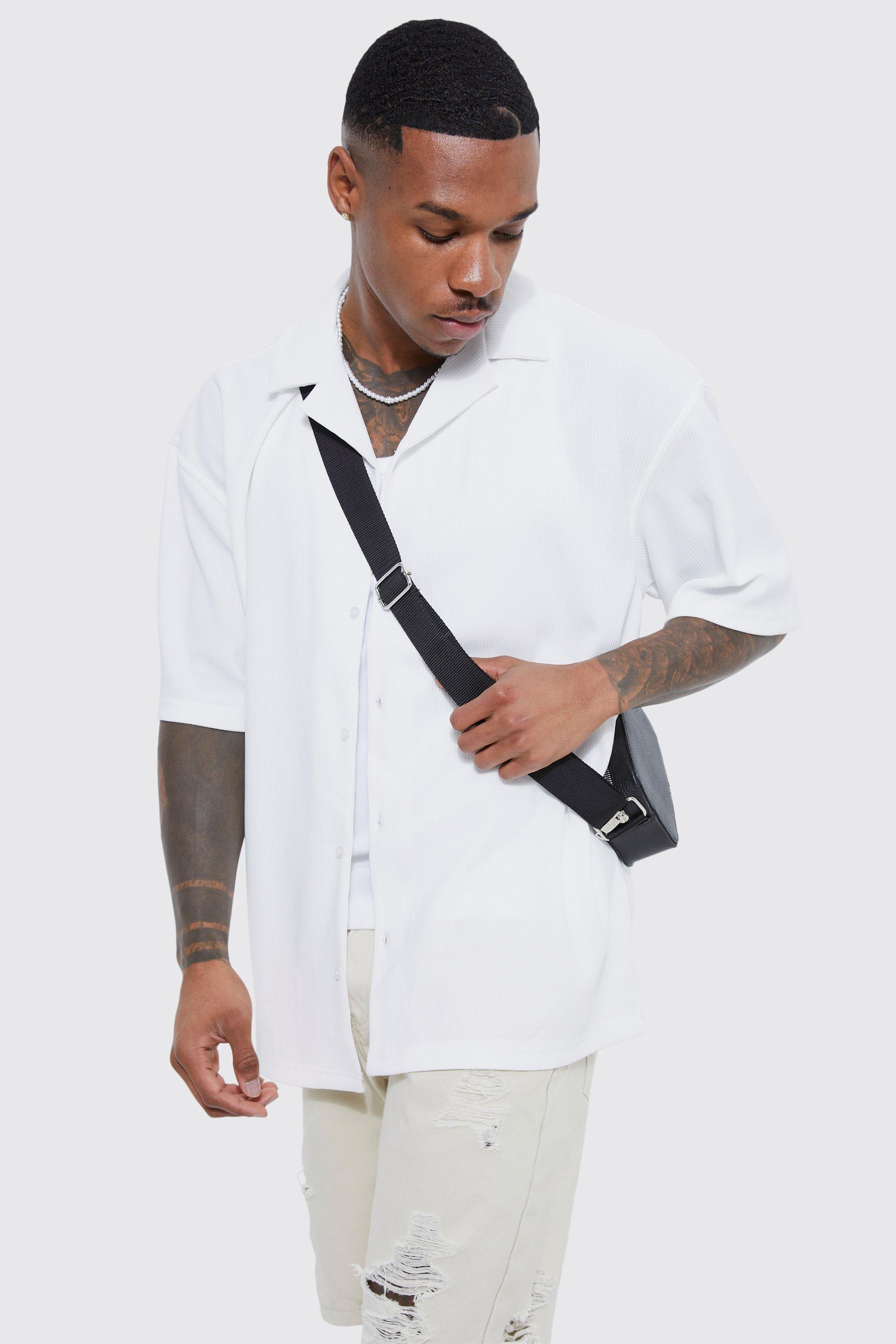 Mens White Oversized Boxy Revere Pleated Shirt, White