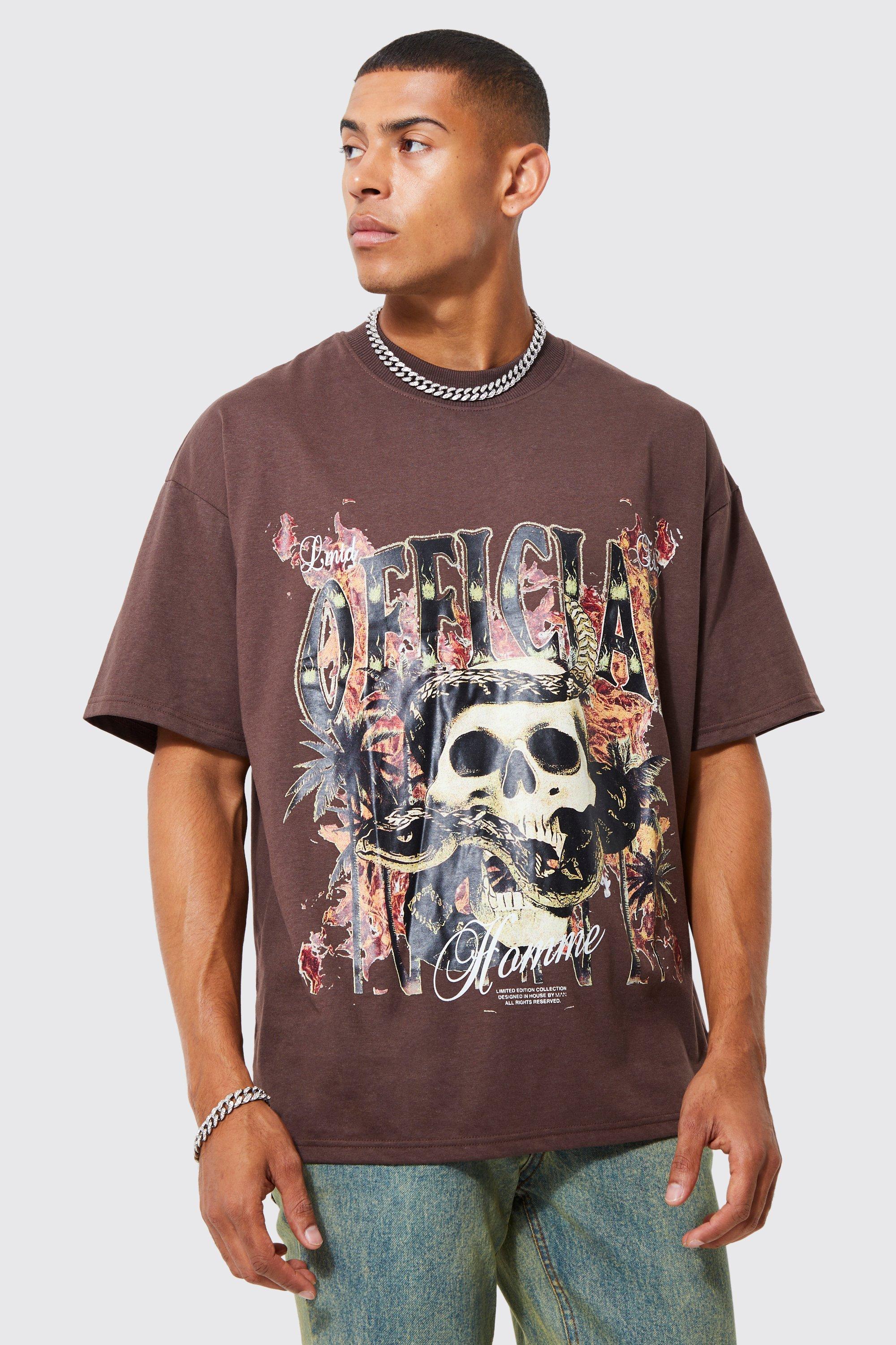 Mens Brown Oversized Official Skull Extend Neck T-shirt, Brown