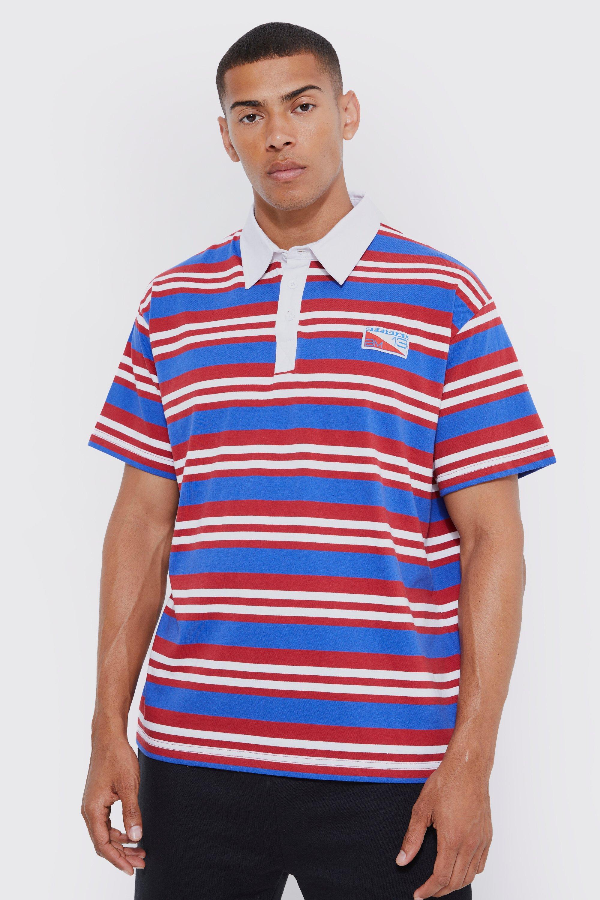 Mens Blue Oversized Stripe Detail Rugby Polo, Blue