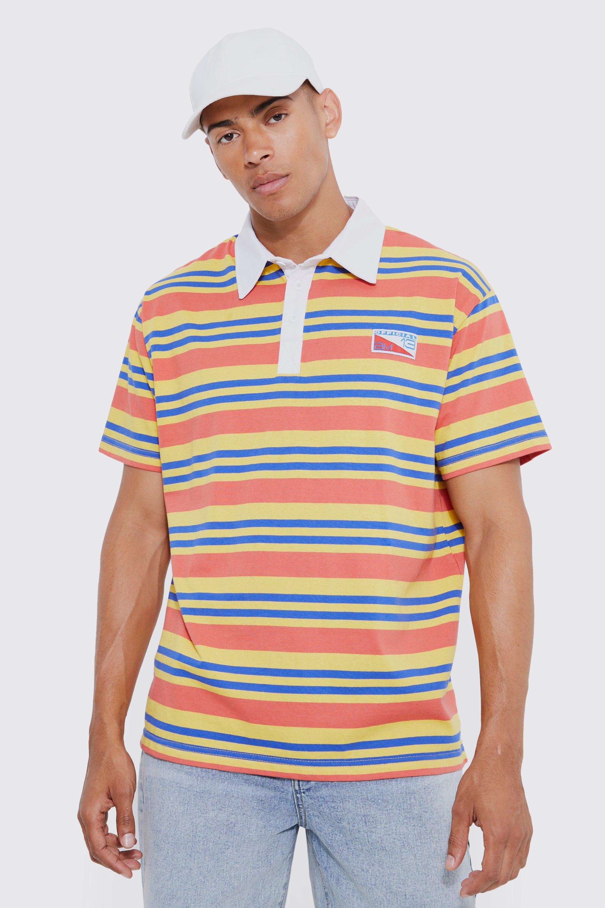 Mens Red Oversized Stripe Detail Rugby Polo, Red