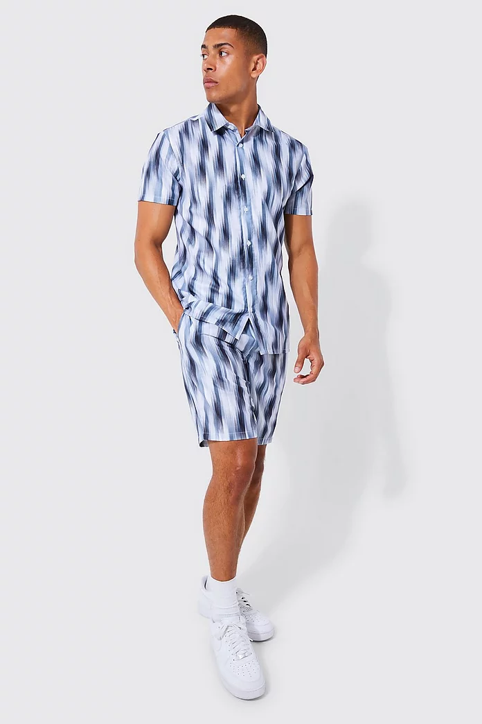 Short Sleeve Blurry Stripe Shirt & Short Set | boohooMAN USA