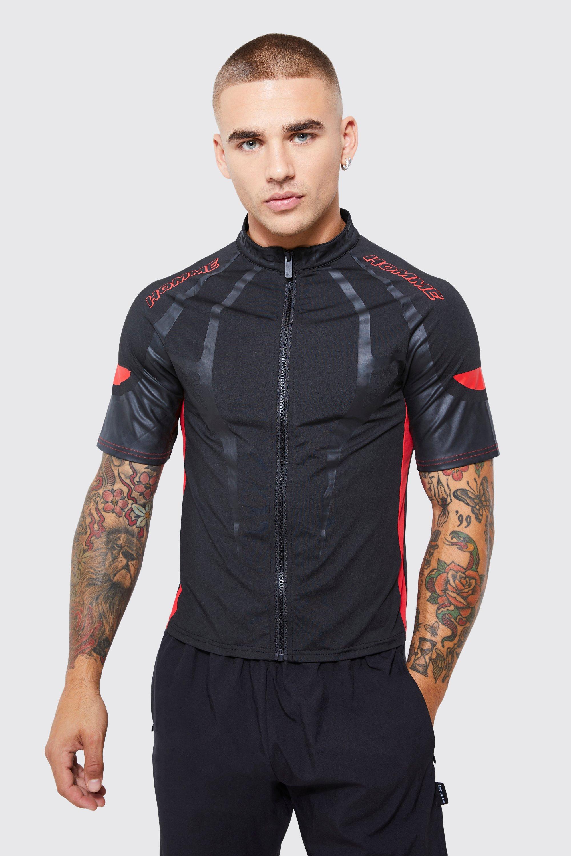Mens Black Muscle Fit Panelled Zip Through Track Top, Black