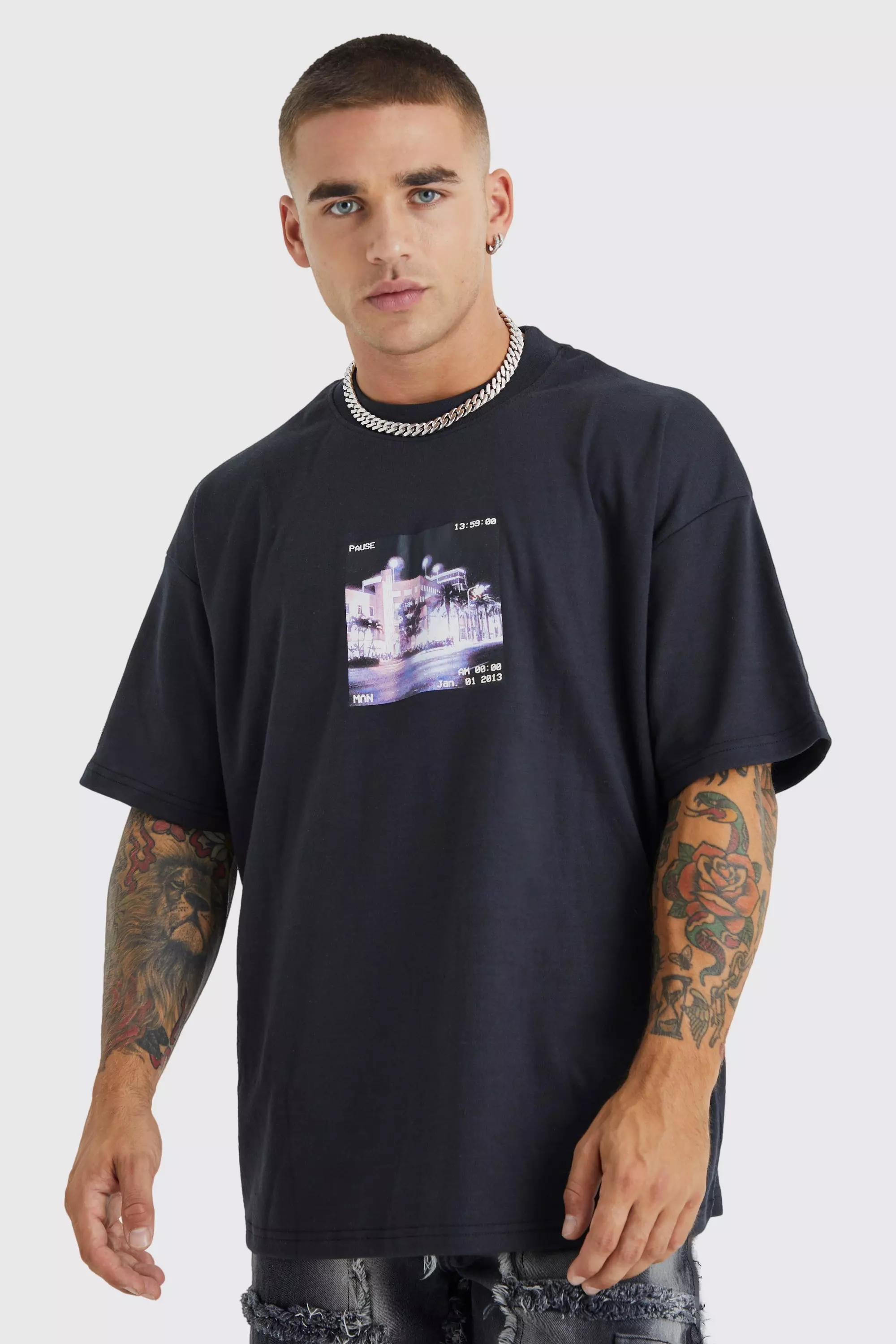 Oversized Glitch Video Graphic T-shirt | boohooMAN UK