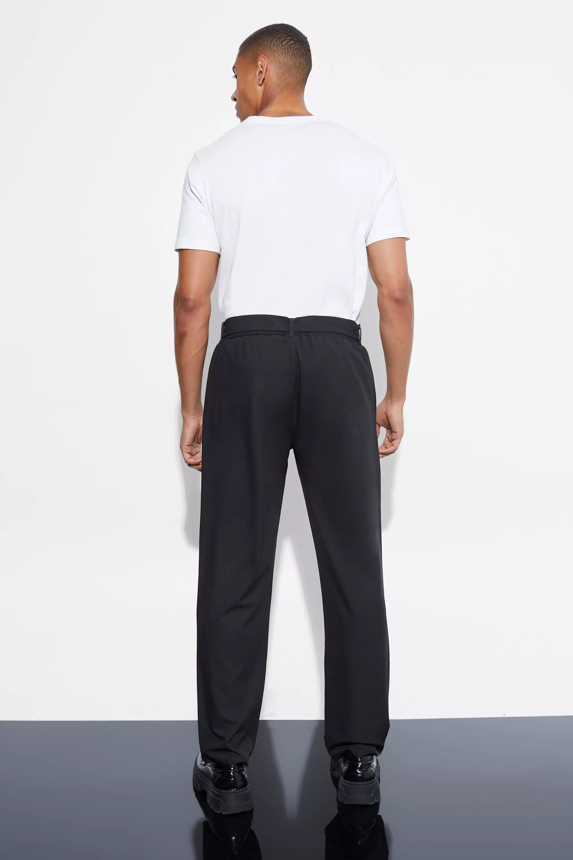 Elasticated Straight Belted 4 Way Stretch Trousers | boohooMAN USA