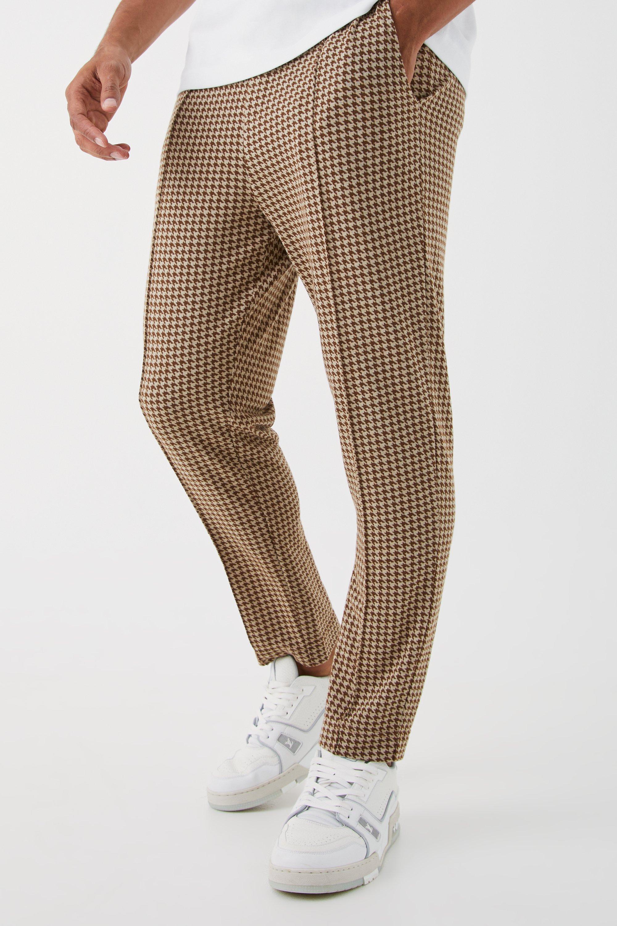 Mens Beige Elasticated Tapered Pintuck Dogtooth Trousers, Beige