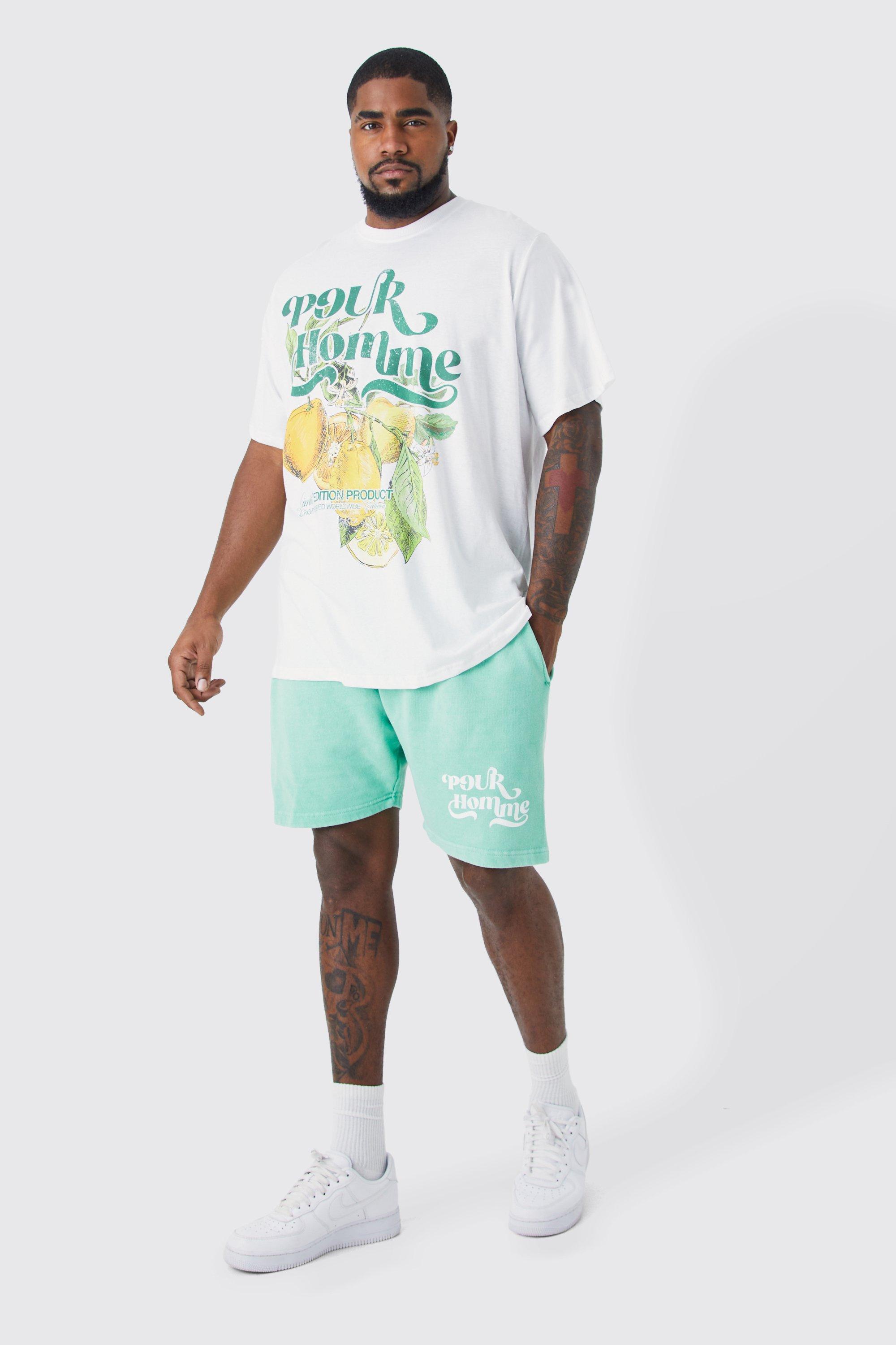 Mens Green Plus Oversized Fruit T-shirt & Short Set, Green
