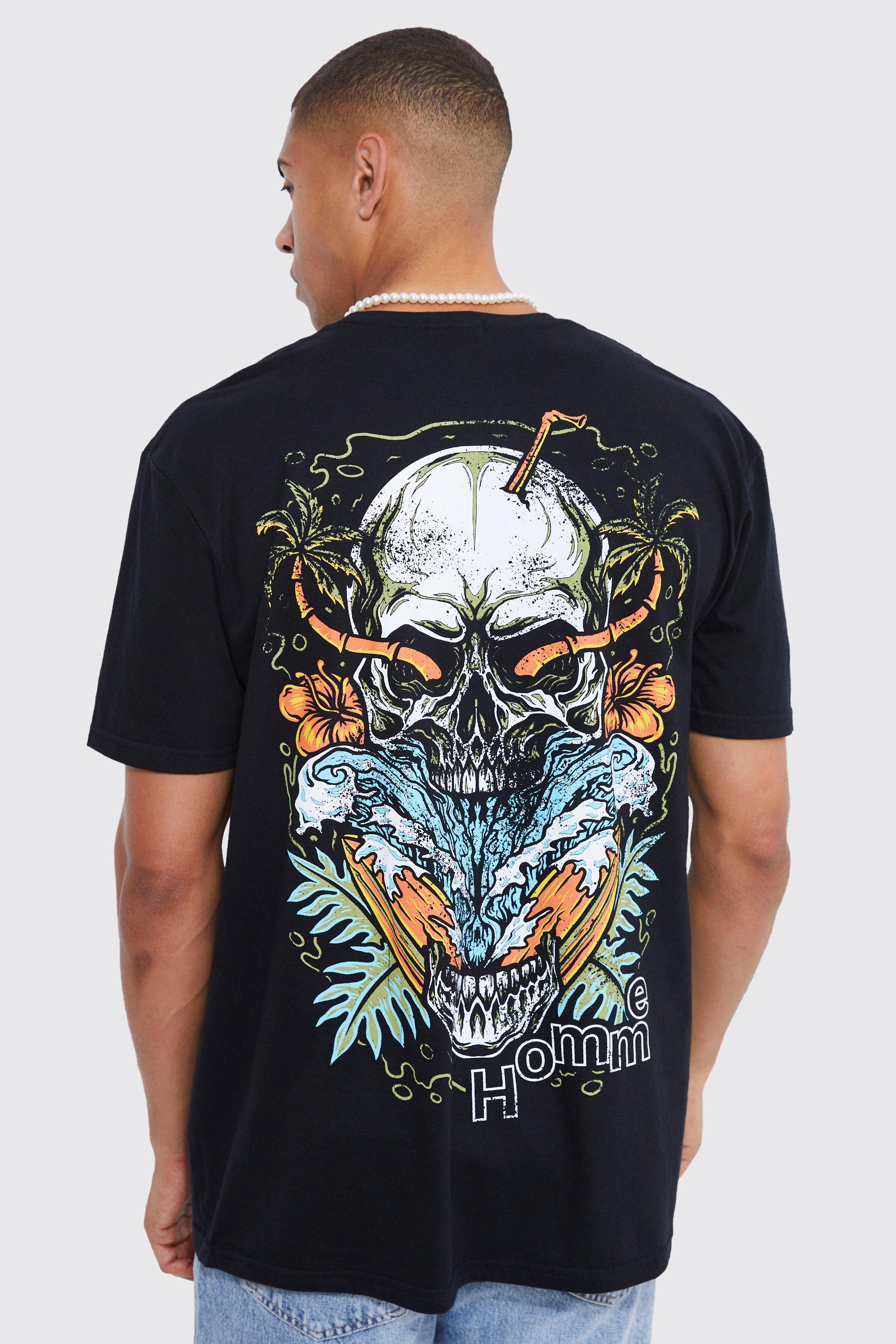 Mens Black Oversized Tropical Skull Back Graphic T-shirt, Black