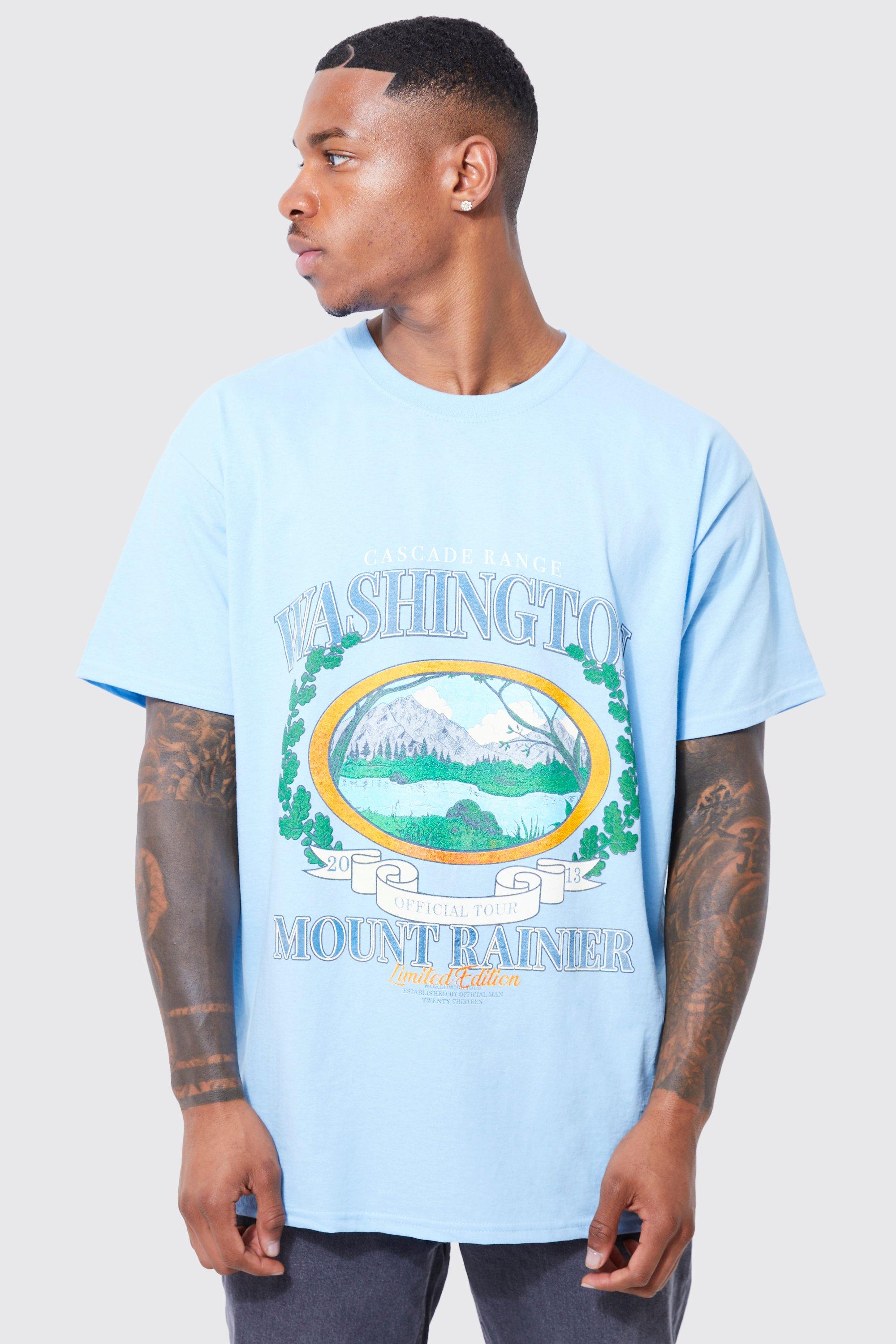 Mens Blue Oversized Washington Scenic Graphic T-shirt, Blue