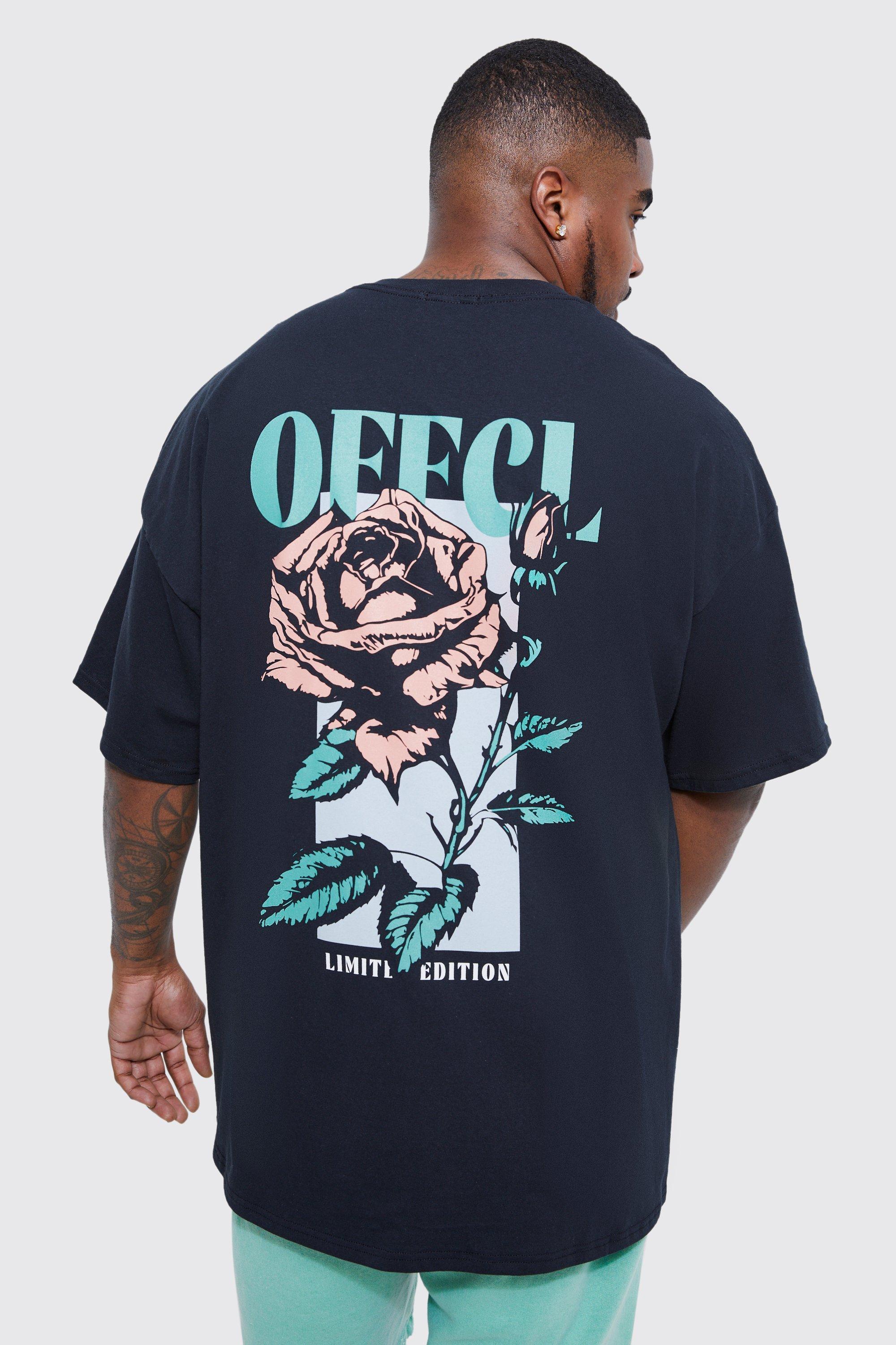 Mens Black Plus Rose Back Graphic T-shirt, Black