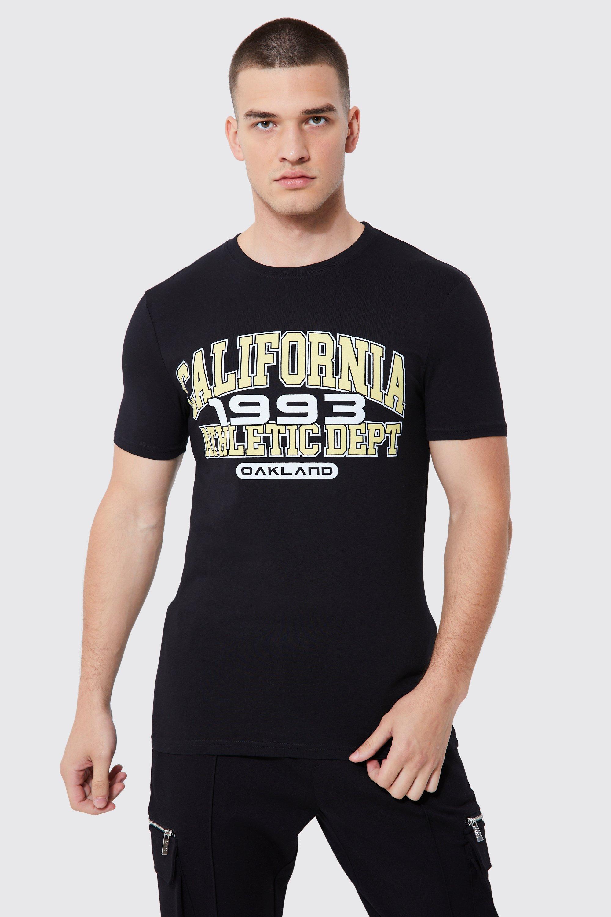 Mens Black Tall Muscle Fit California Varsity T-shirt, Black
