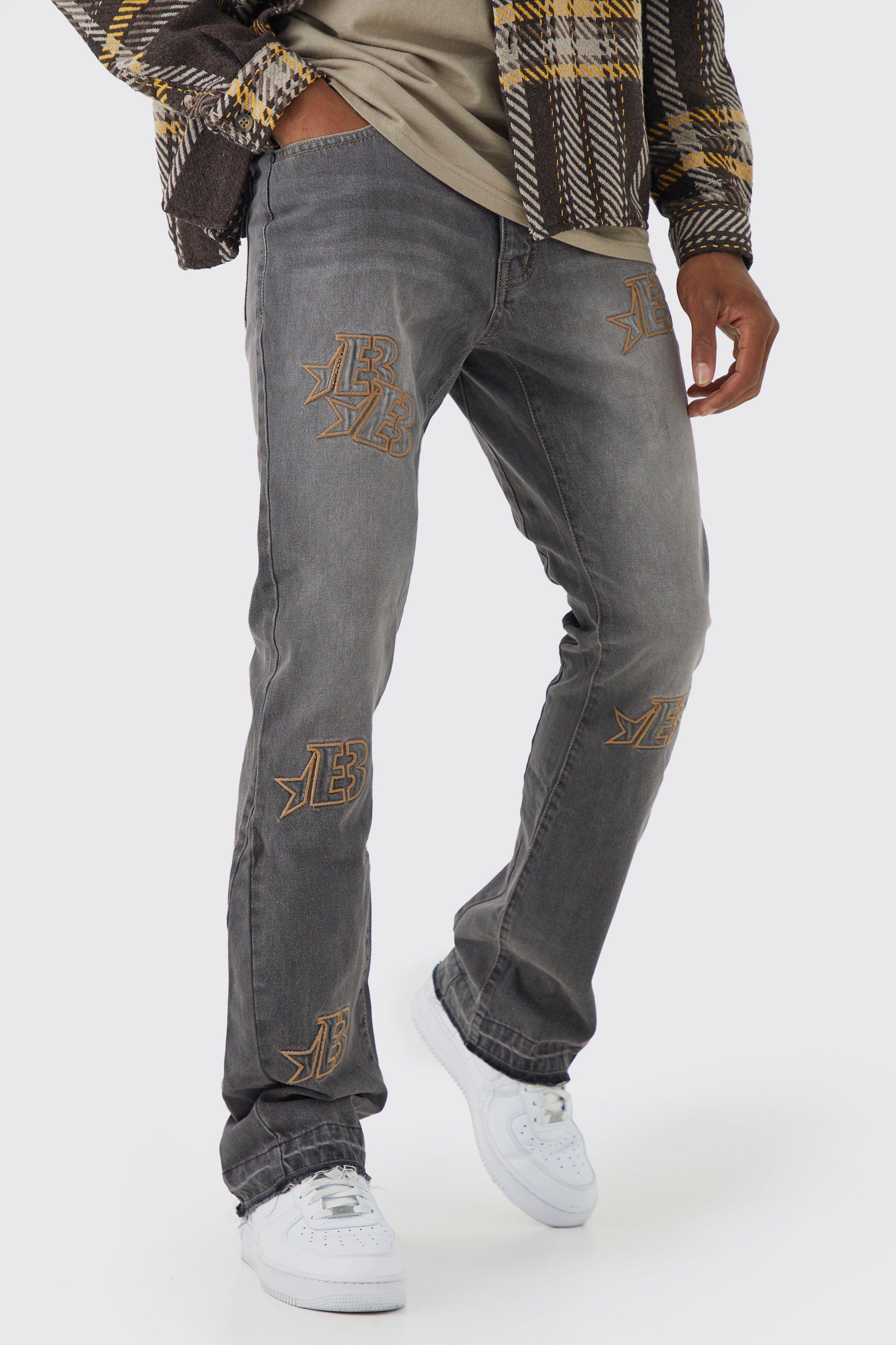 Image of Jeans a zampa Slim Fit in denim rigido effetto smagliato con applique, Grigio