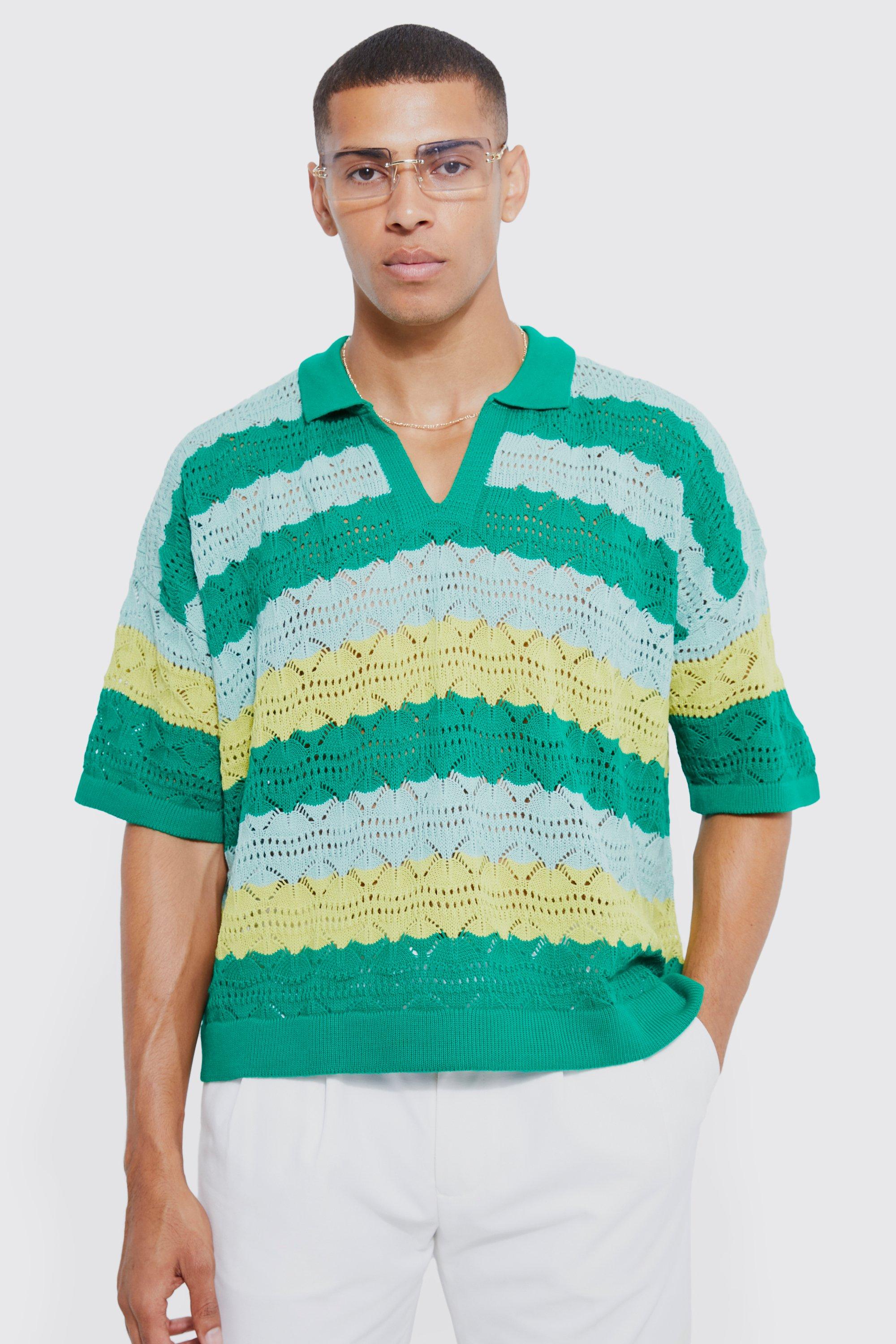 Mens Green V Neck Boxy Crochet Striped Polo, Green