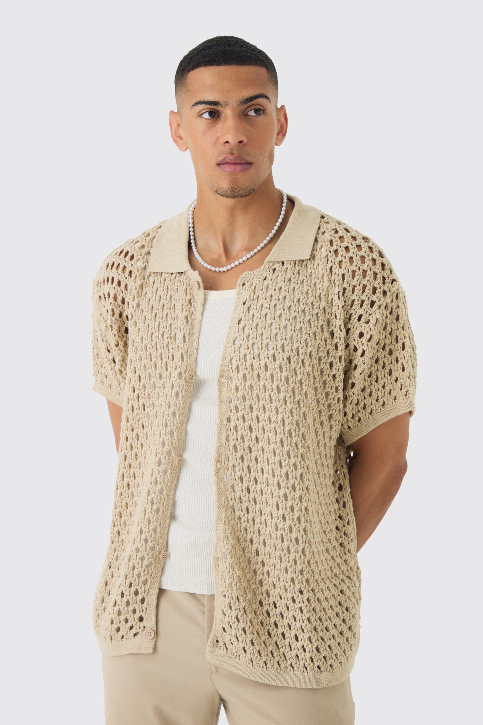 Image of Camicia squadrata oversize all'uncinetto, Beige