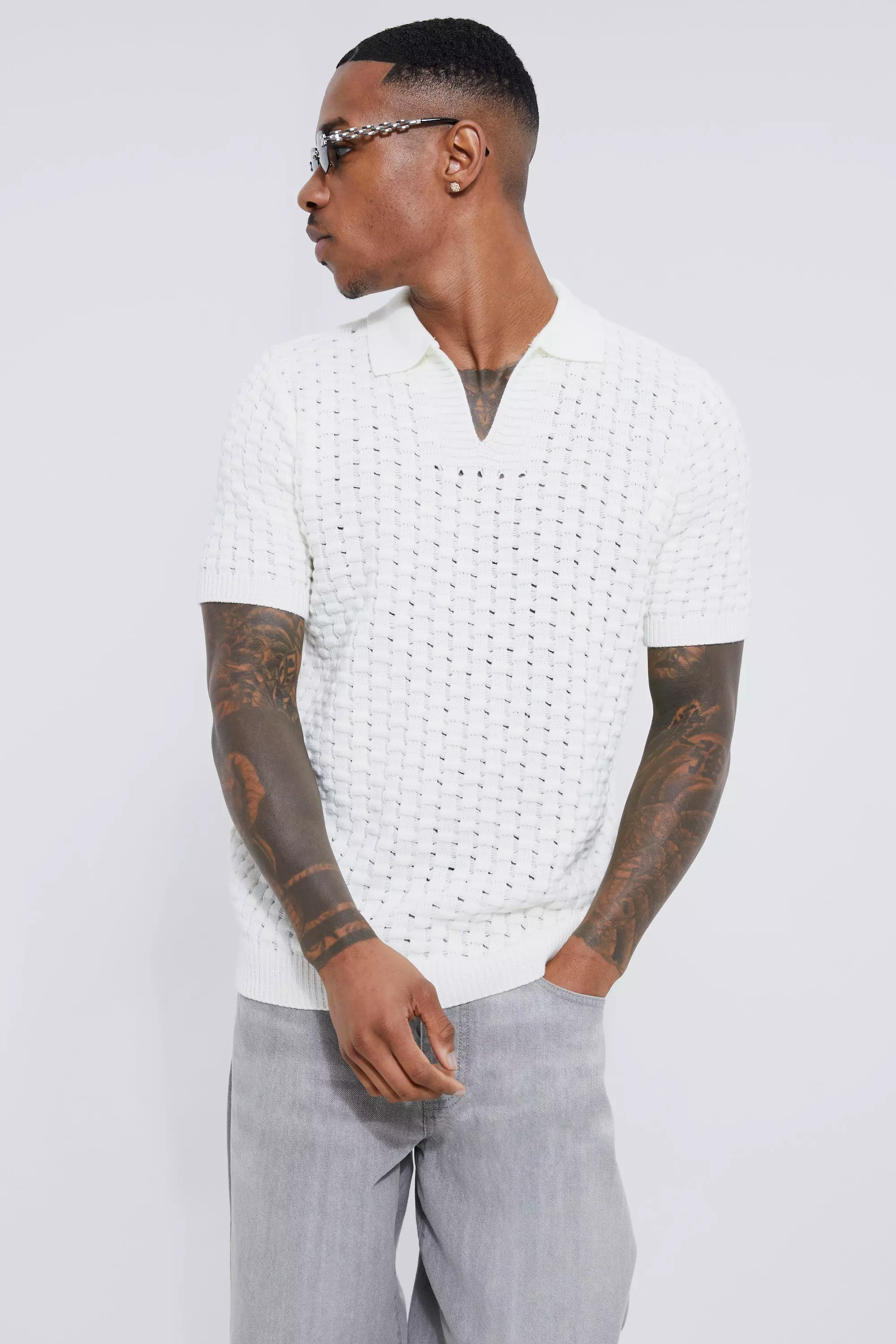 V Neck Woven Knit Polo