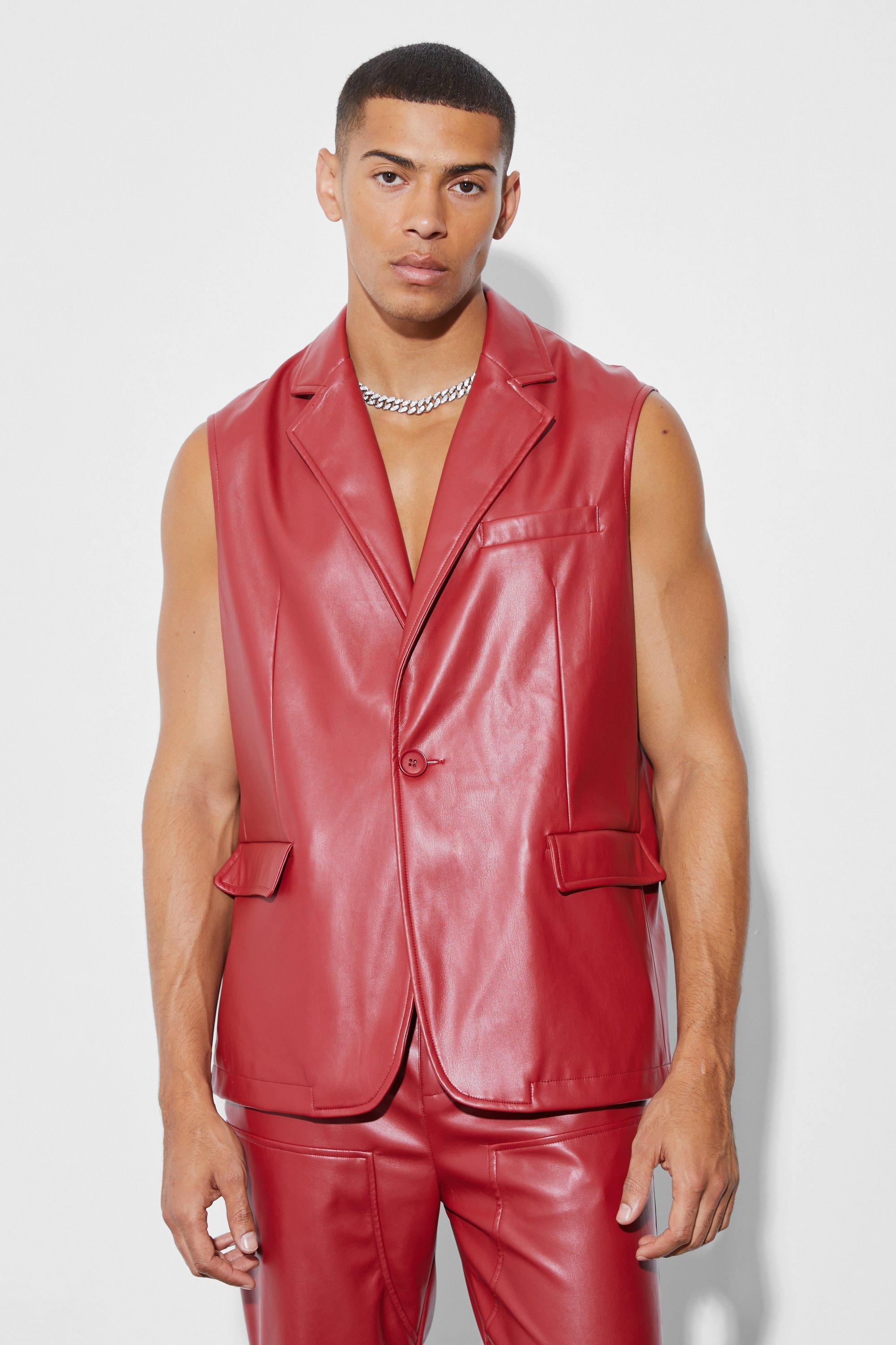 Mens Red Sleeveless Pu Single Breasted Suit Jacket, Red