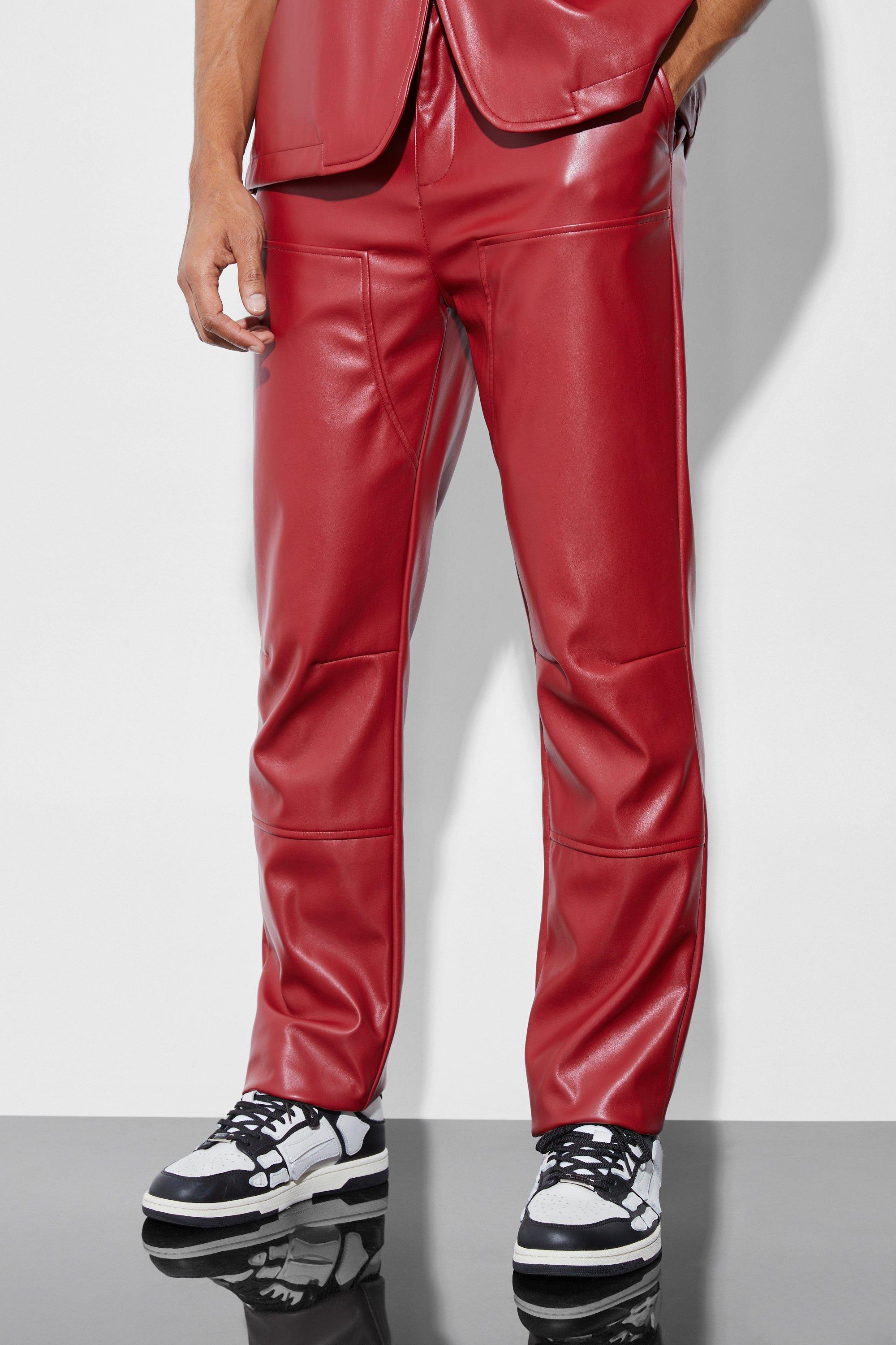 Mens Red Pu Straight Leg Suit Trousers, Red