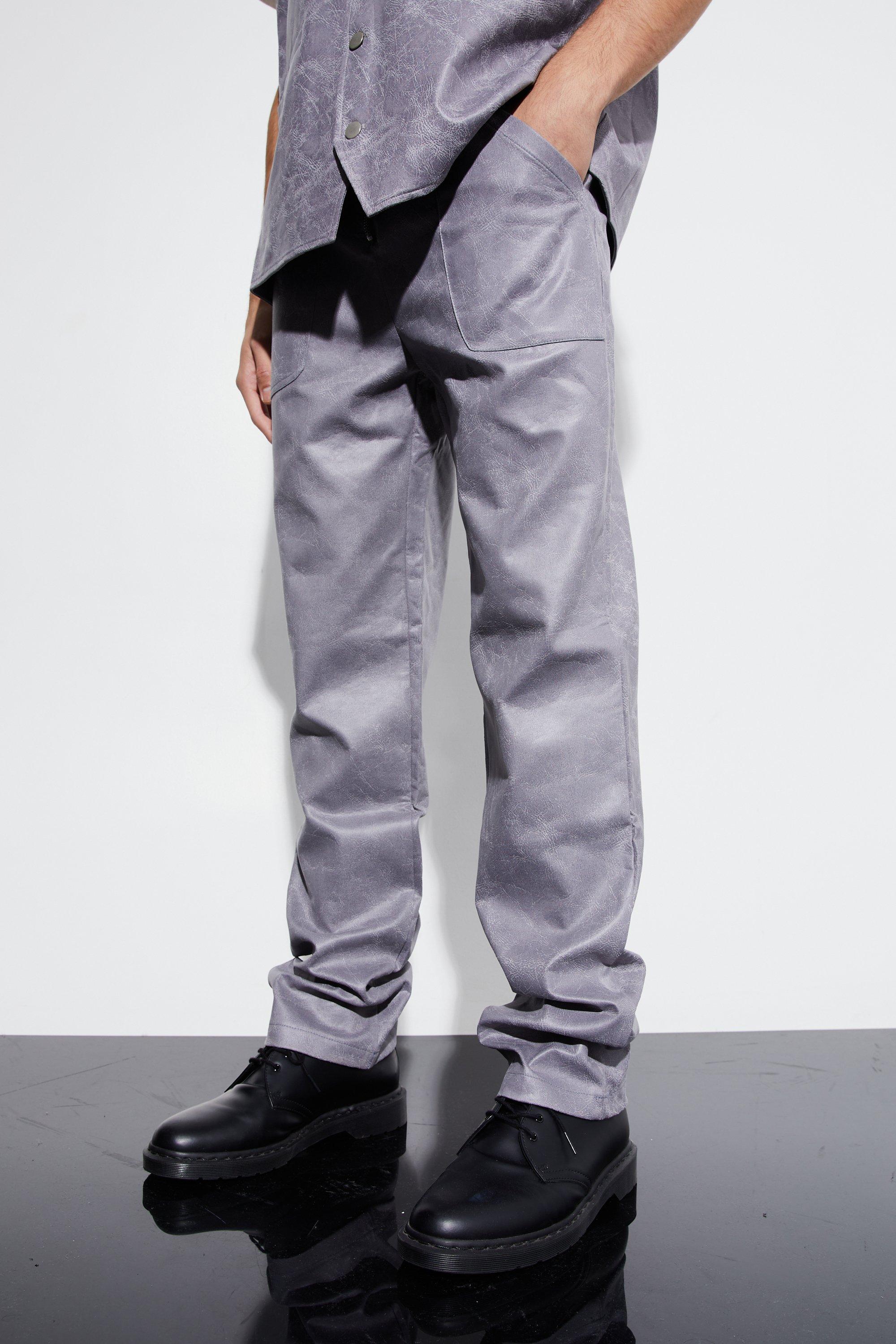 Mens Grey Vintage Pu Straight Leg Zip Suit Trousers, Grey