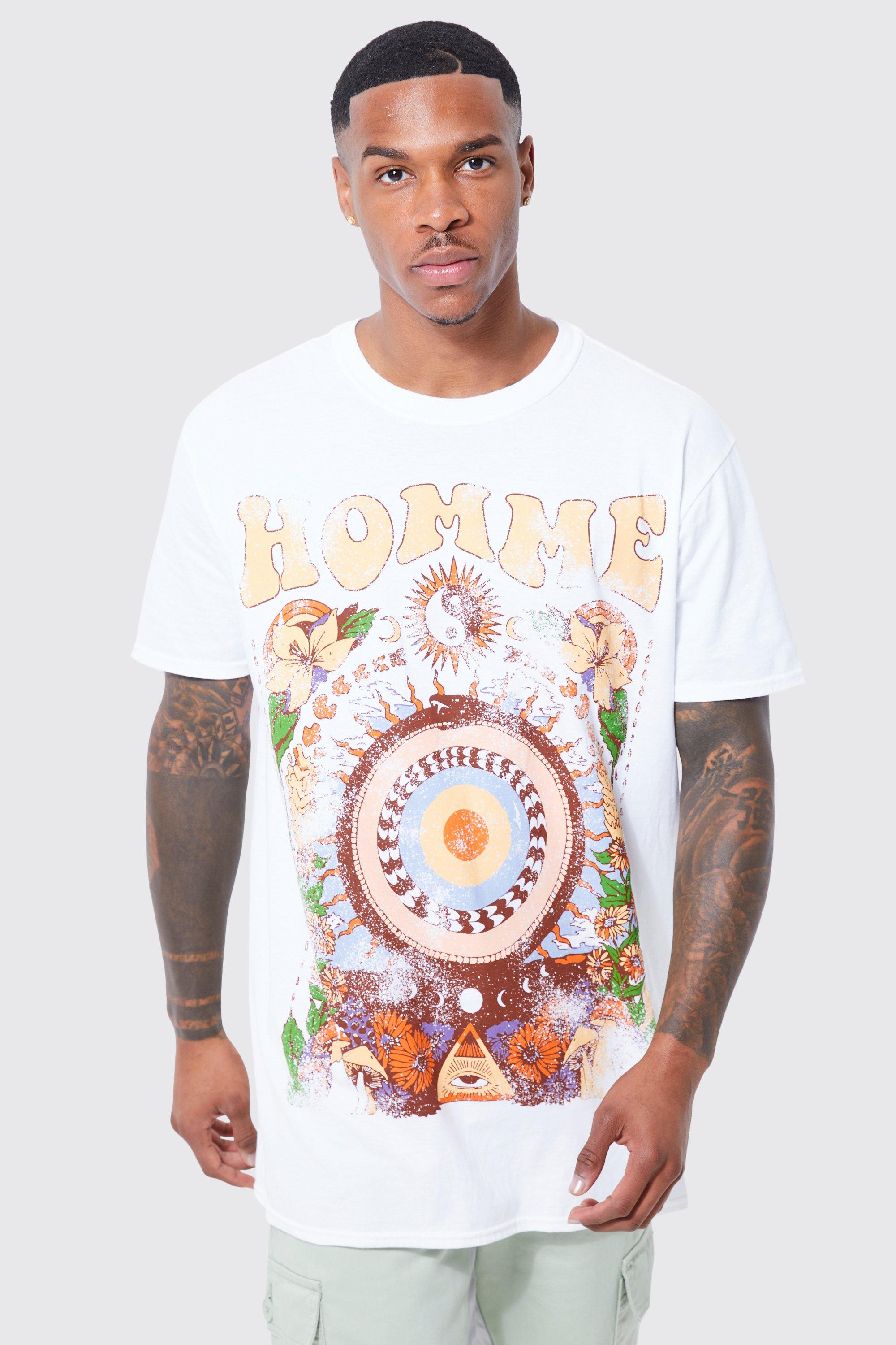 Mens White Oversized Vintage Floral Graphic T-shirt, White