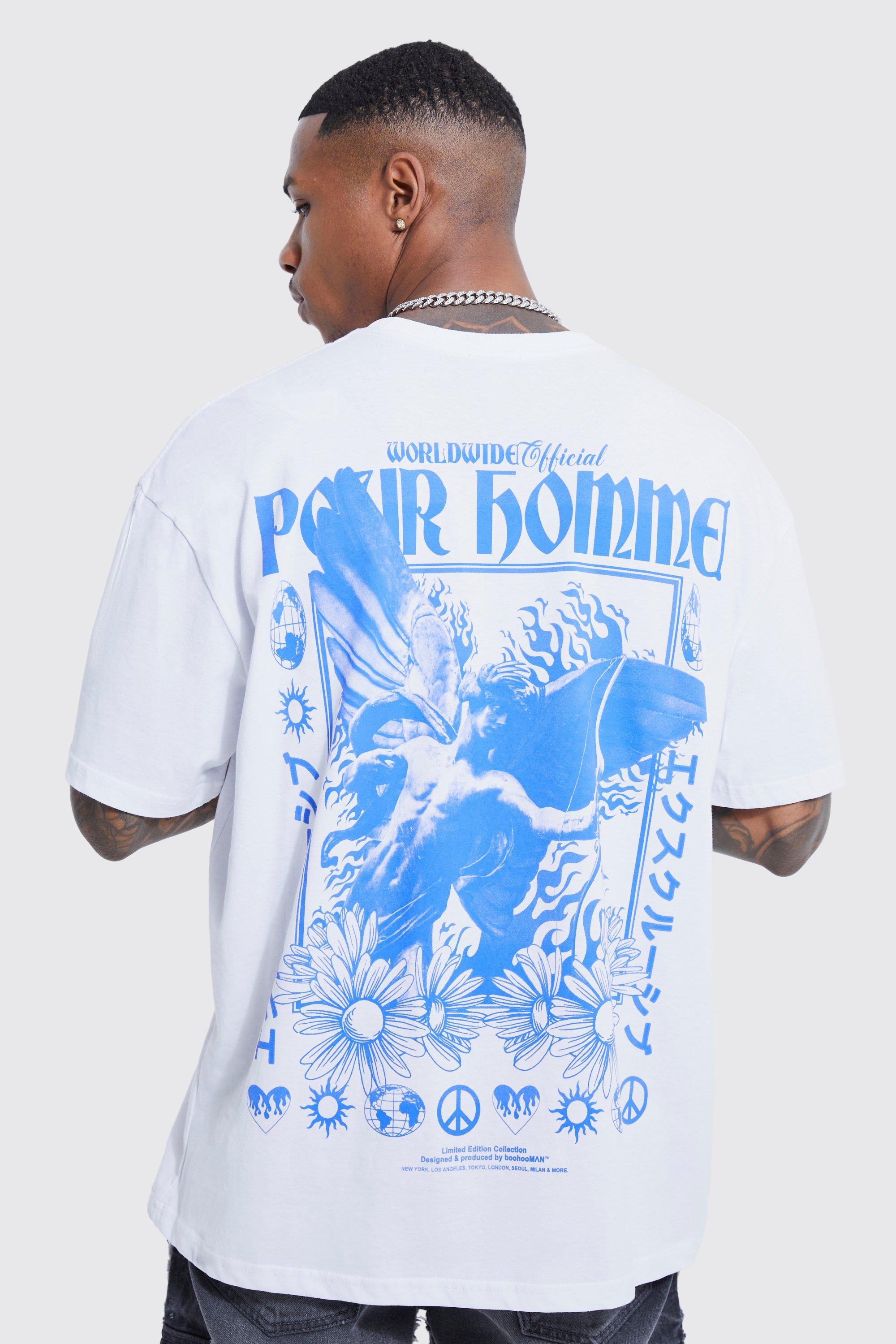 Mens White Oversized Floral Cupid Back Graphic T-shirt, White