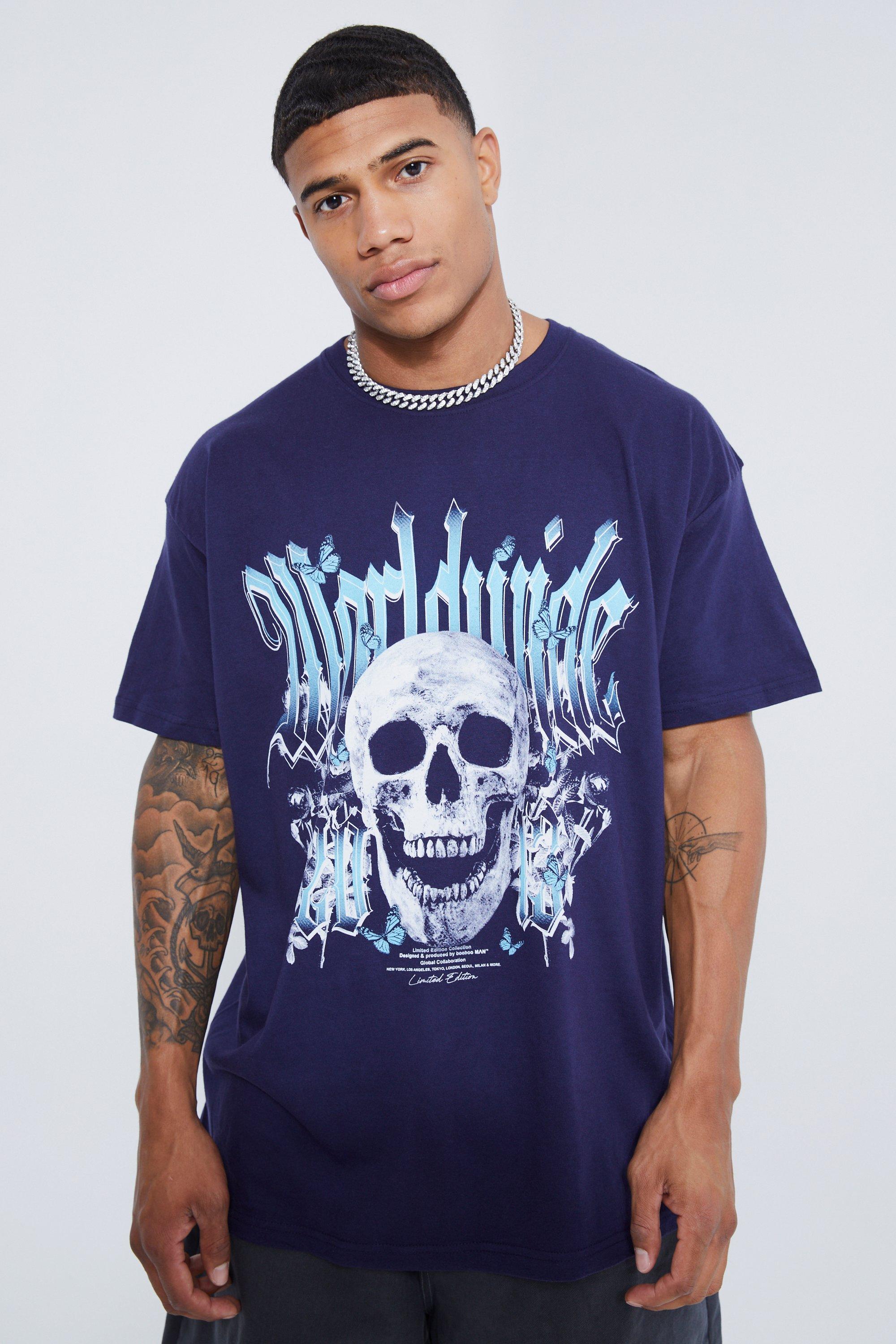 Mens Navy Oversized Worldwide Skull Graphic T-shirt, Navy