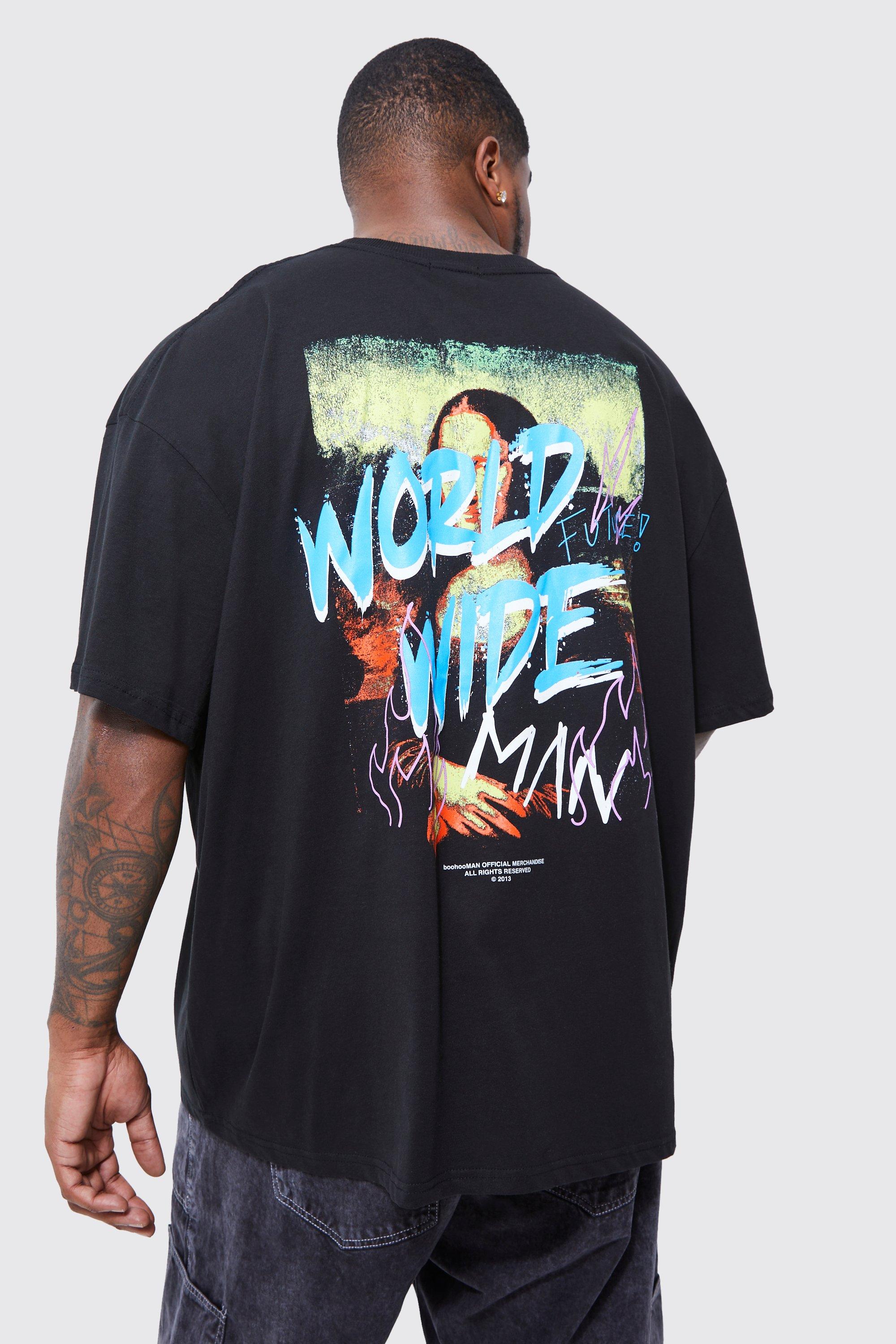 Mens Black Plus Oversized Mona Lisa Graffiti T-shirt, Black