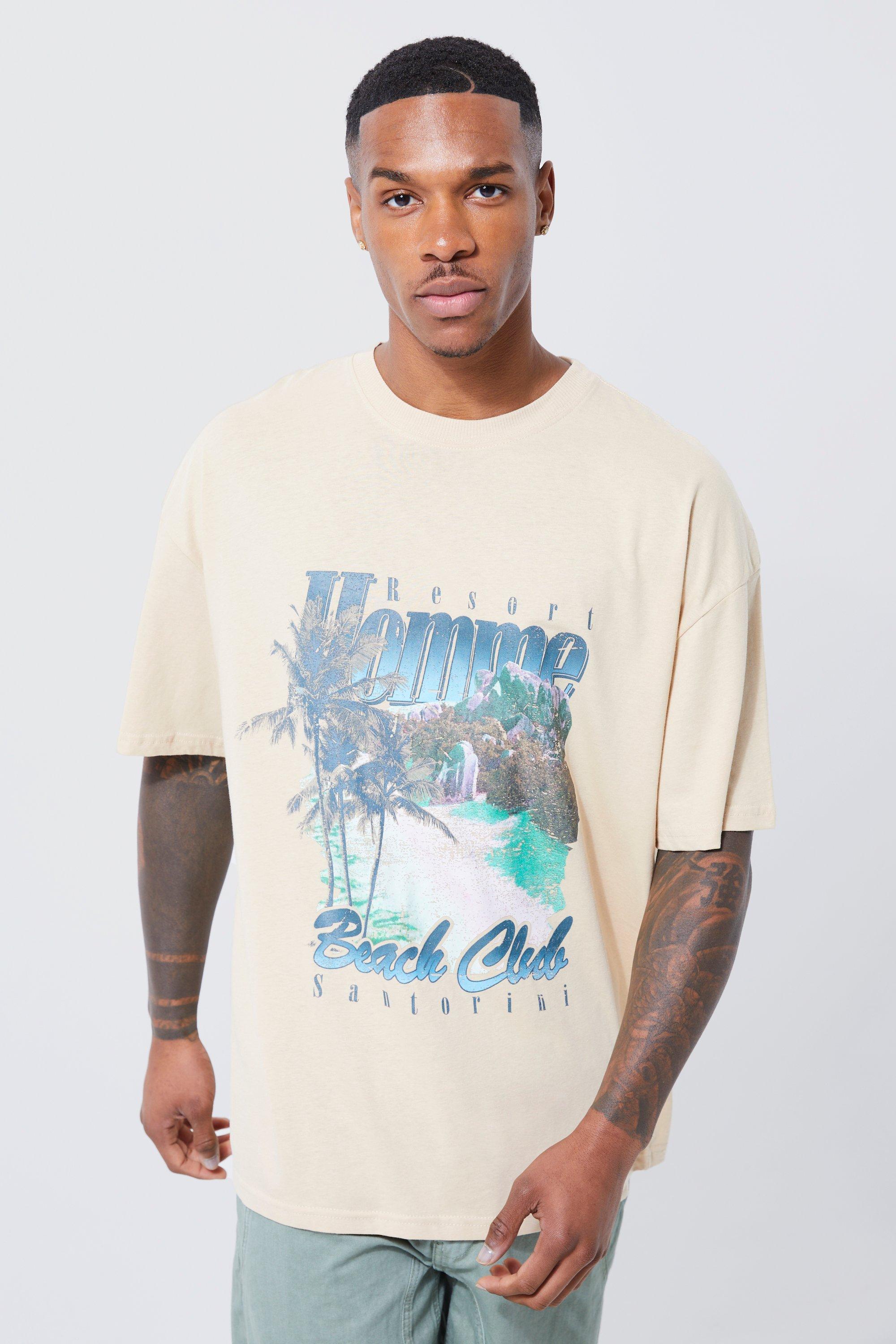 Mens Beige Oversized Scenic Beach Graphic T-shirt, Beige