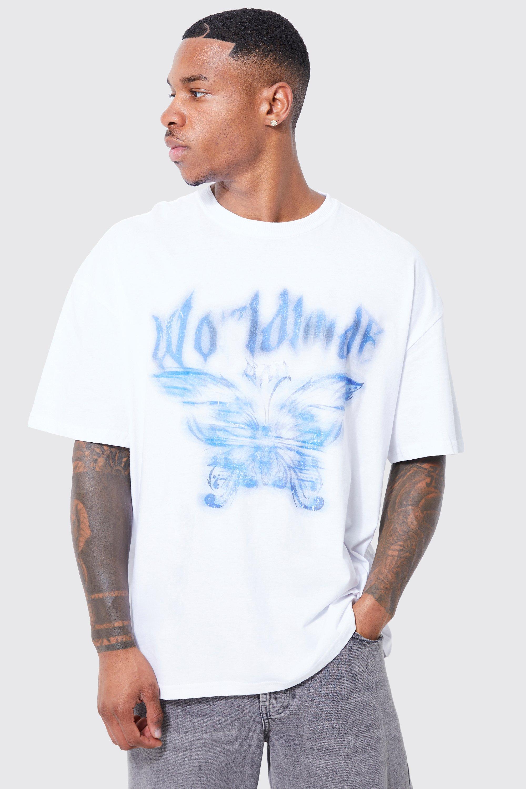 Mens White Oversized Gothic Butterfly Graphic T-shirt, White