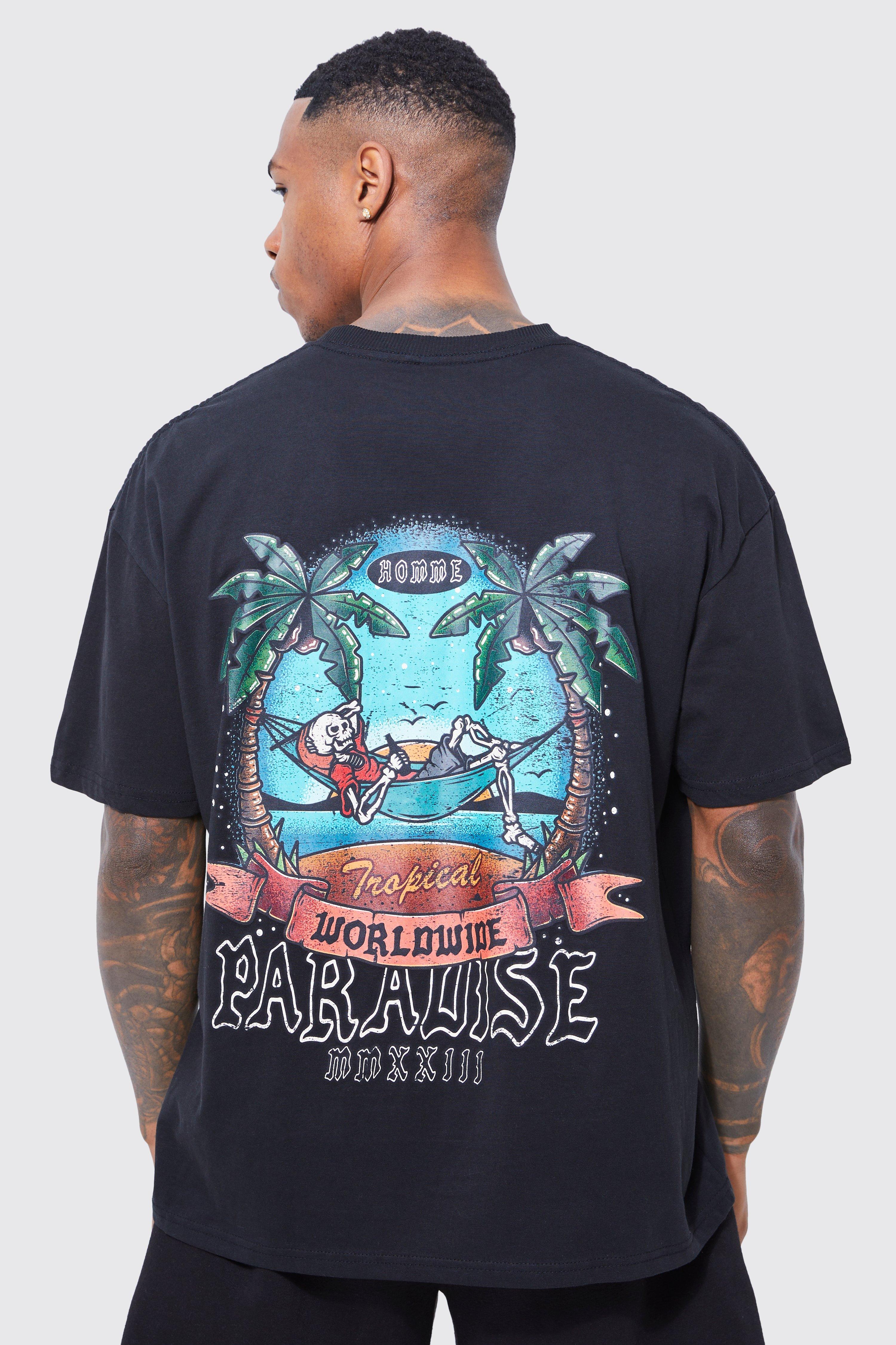 Mens Black Oversized Tropical Paradise Graphic T-shirt, Black