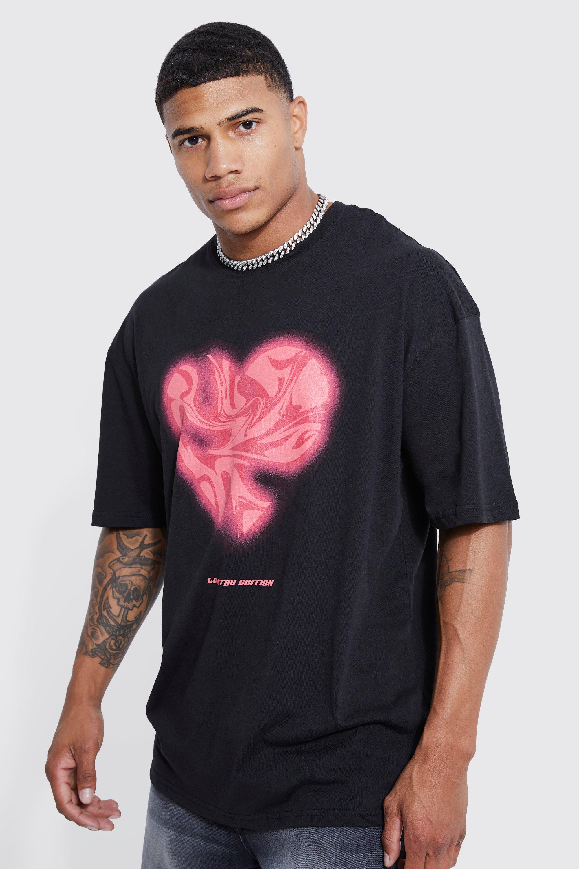 Mens Black Oversized Marble Heart Graphic T-shirt, Black