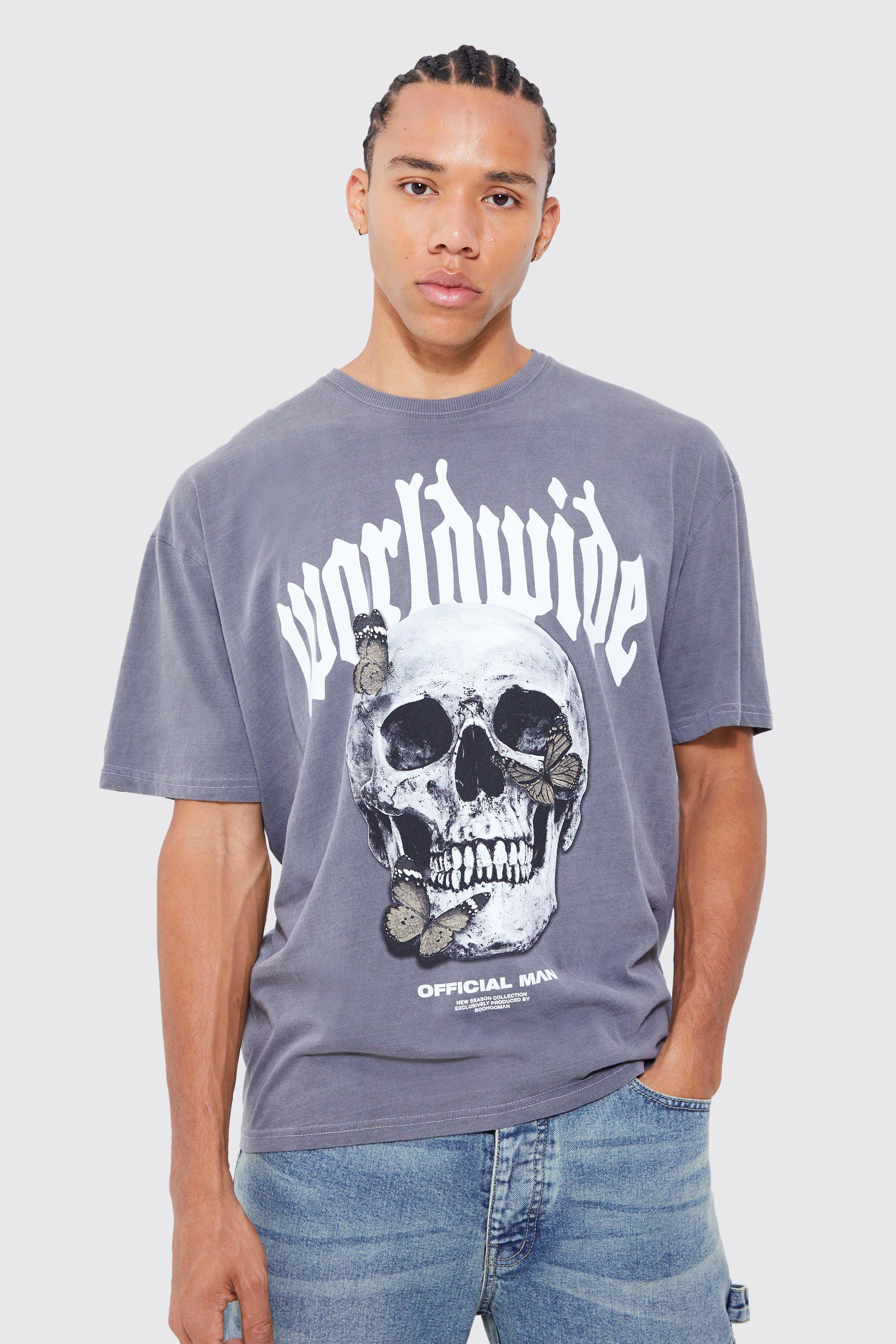 Mens Grey Tall Oversized Washed Butterfly Skull T-shirt, Grey