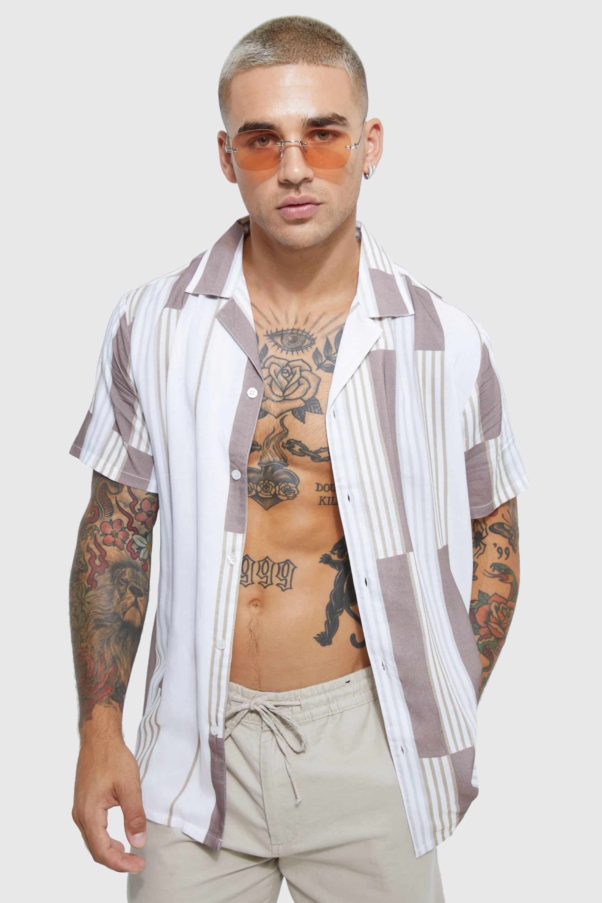 Mens Cream Viscose Striped Shirt With Split Side Hem, Cream