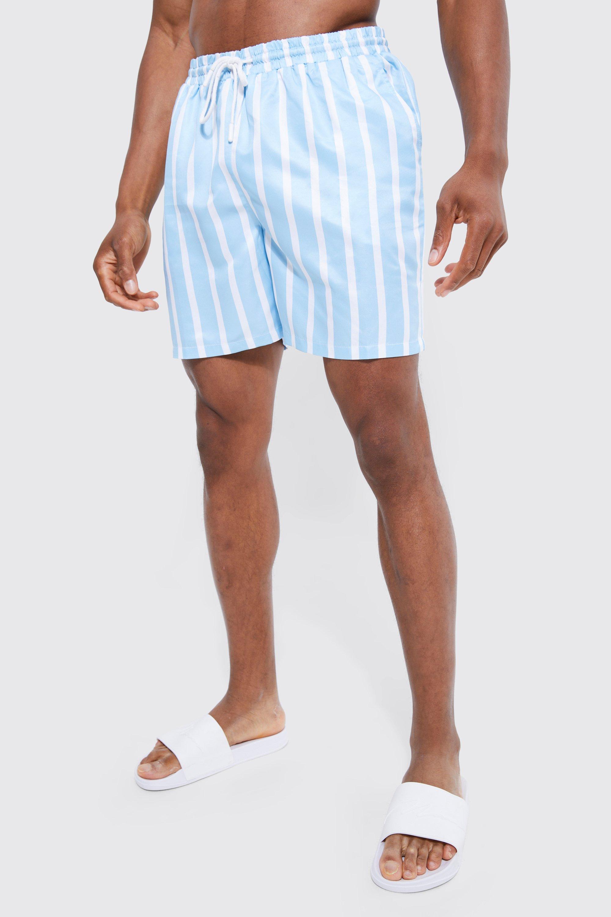 mens blue mid length striped swim shorts, blue