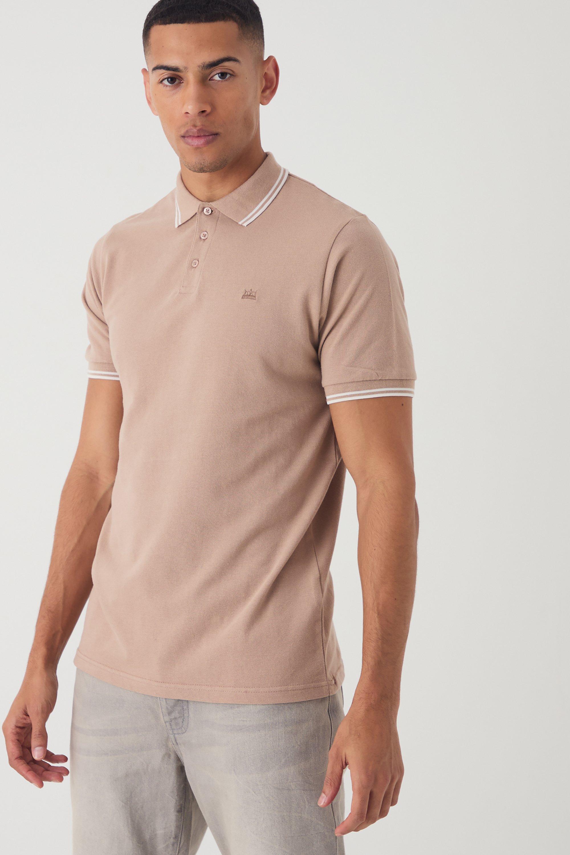 Mens Beige Regular Fit Crown Embroidered Tipped Pique Polo, Beige