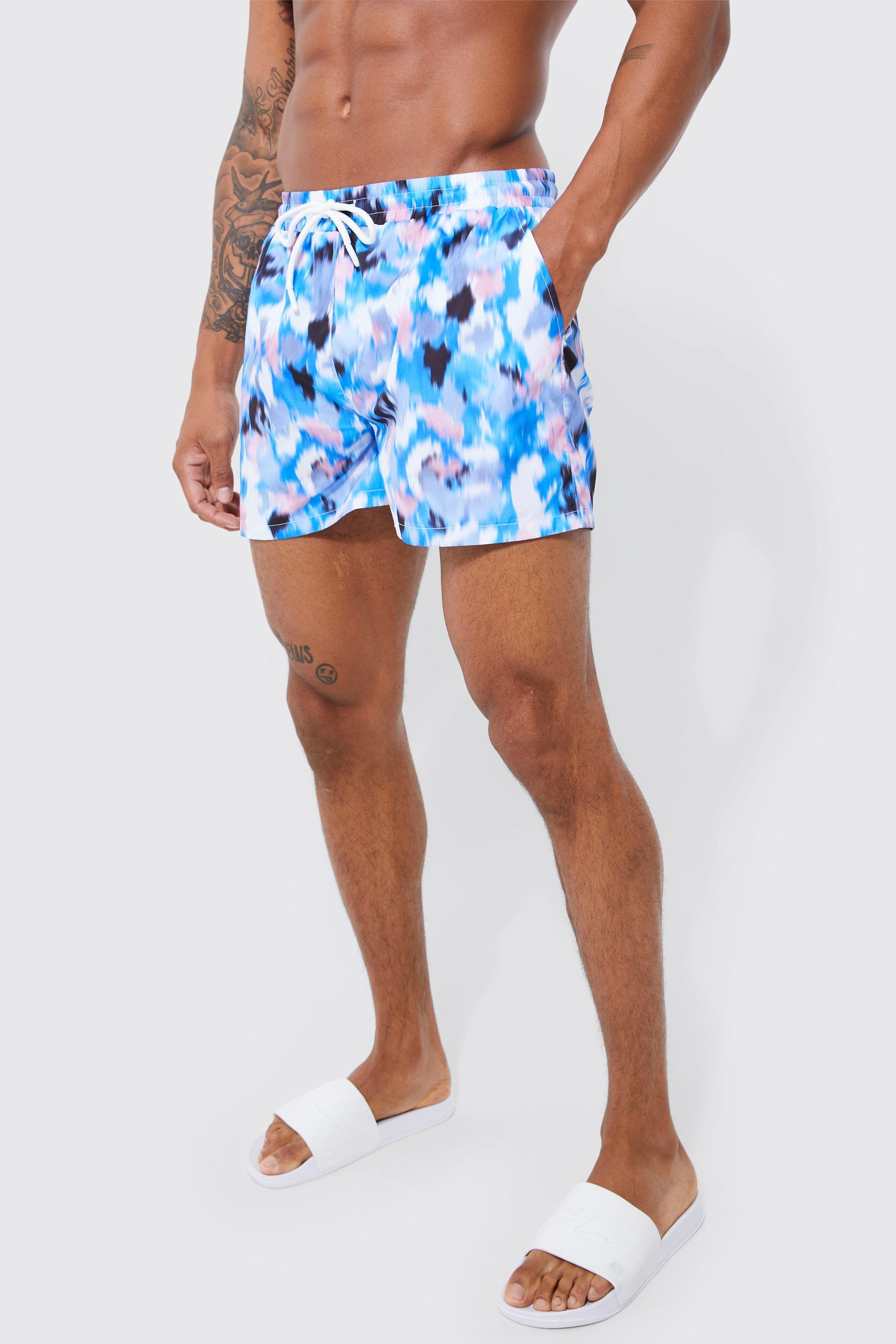 Mens Blue Short Length Blurred Print Swim Shorts, Blue